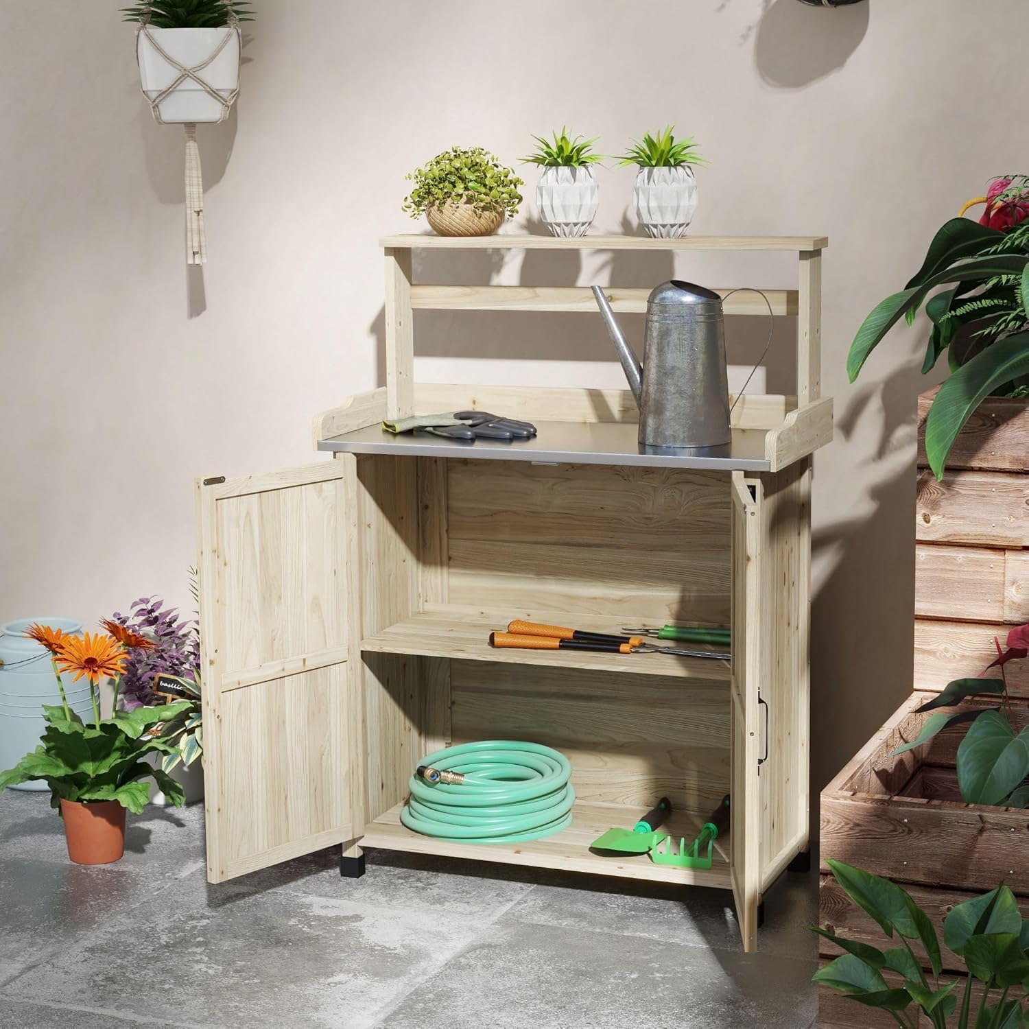 Outdoor Potting Bench with Storage and Tool Hanging Area