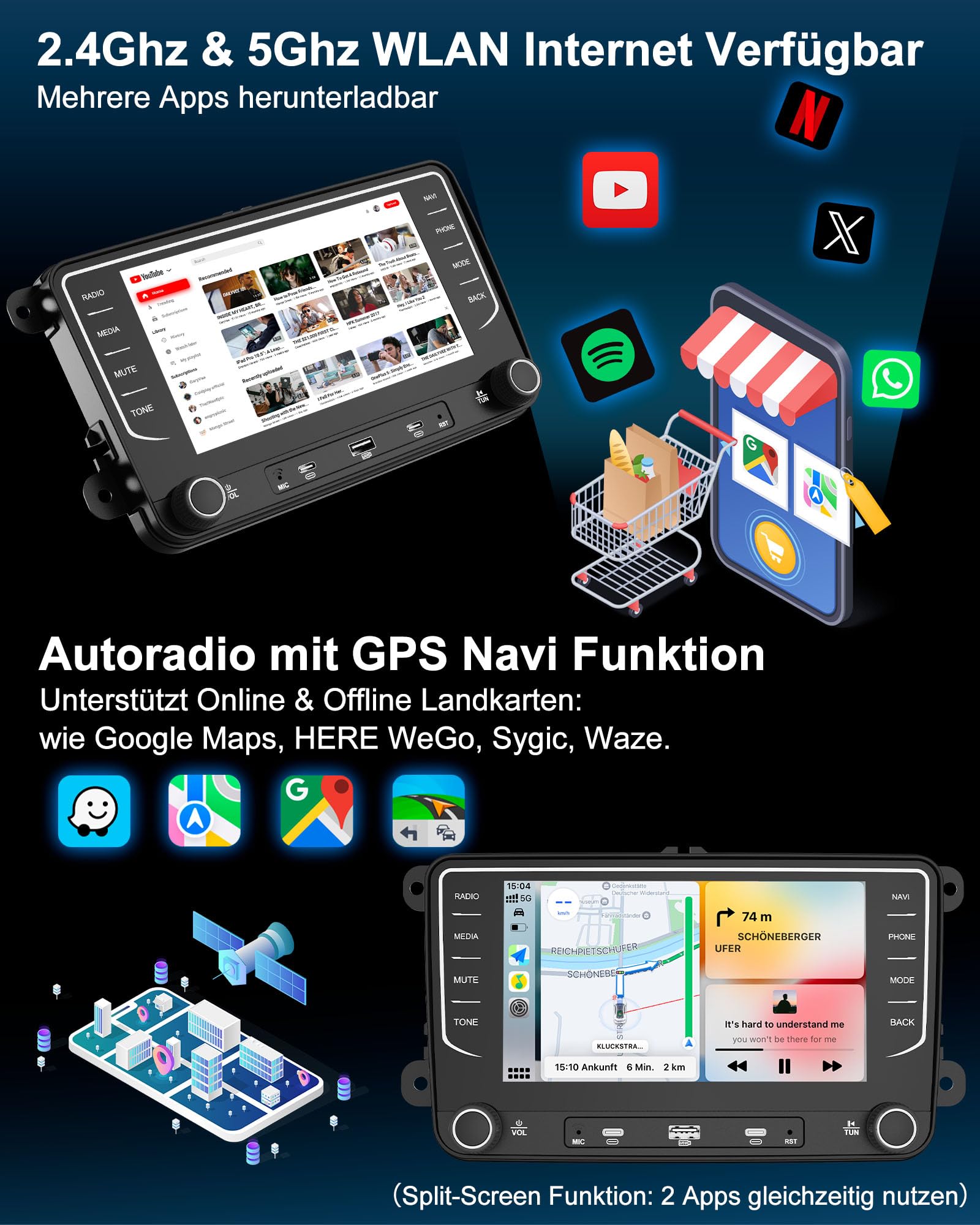Autoradio mit Bildschirm Bluetooth 2+64GB für VW Golf 5 6 T5 Polo 6R Passat Caddy Seat Skoda, 2DIN 7 Zoll Auto Radio mit Navi DAB WLAN FM/AM, Apple Carplay, Android Auto, Lenkradsteuerung, Android 14
