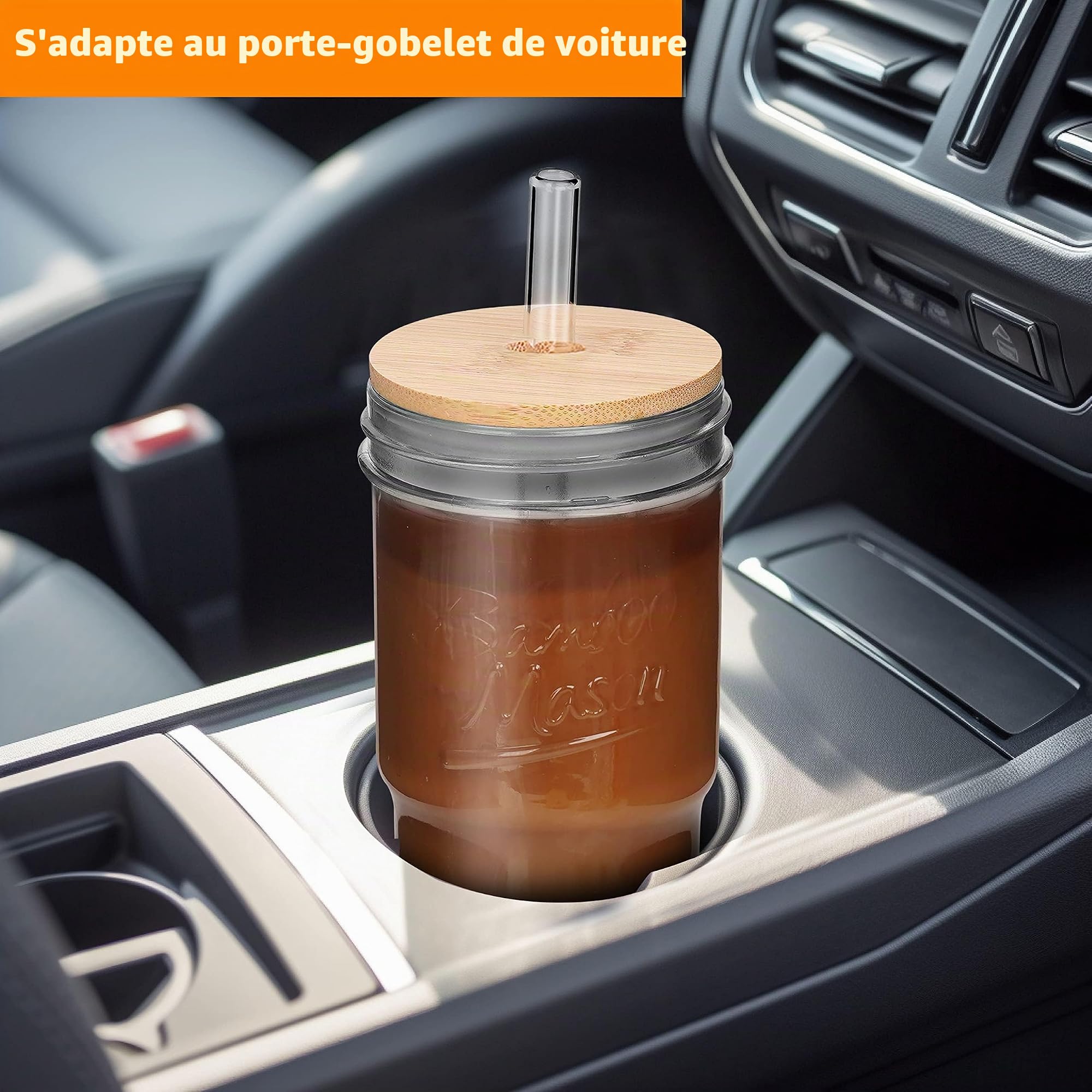 ANOTION Lot de 4 verres en verre avec couvercles et pailles, tasse à café de voyage de 600 ml, pot Mason à large ouverture, tasse à café glacé, tasse à smoothie, tasse en verre, tasse à thé, tasses à