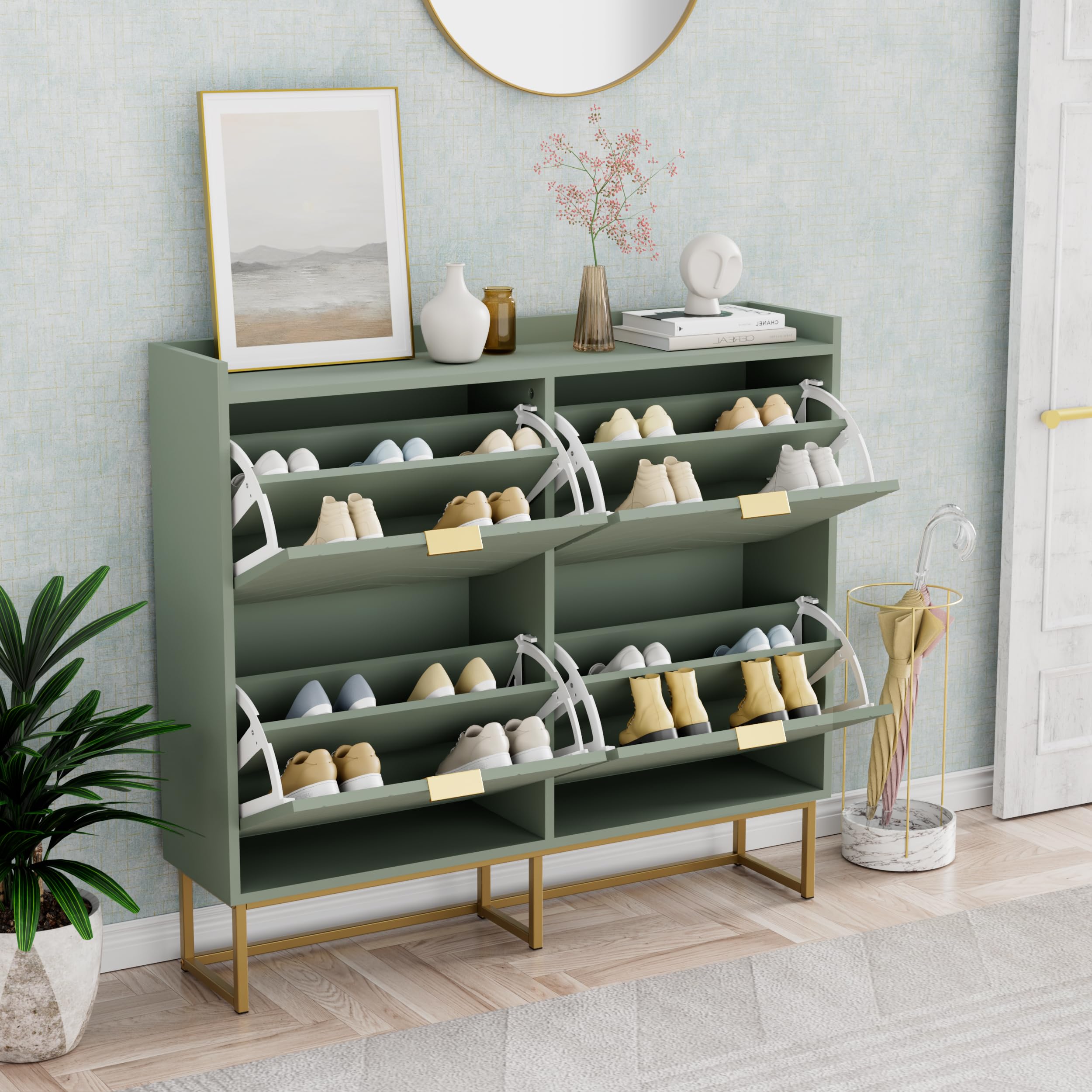 UEV Schuhschrank mit 4 Klappen Schmal,Freistehendes Schuhregal mit Kippschutz, Schuhkommode mit verstellbaren Trennwände, 98,5x24x103,5cm,Schuhablage Schrank für Flur Eingang und Wohnzimmer,Grün