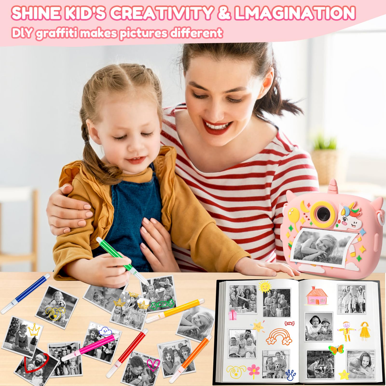 Camara Fotos Infantil Instantanea, 2,4 Pulgada Cámara Instantánea Niños, 1080P Cámara de Fotos Infantil con Tarjeta de 32 GB y Papel de Impresión, Regalo para Ninos de 3 a 12 Anos