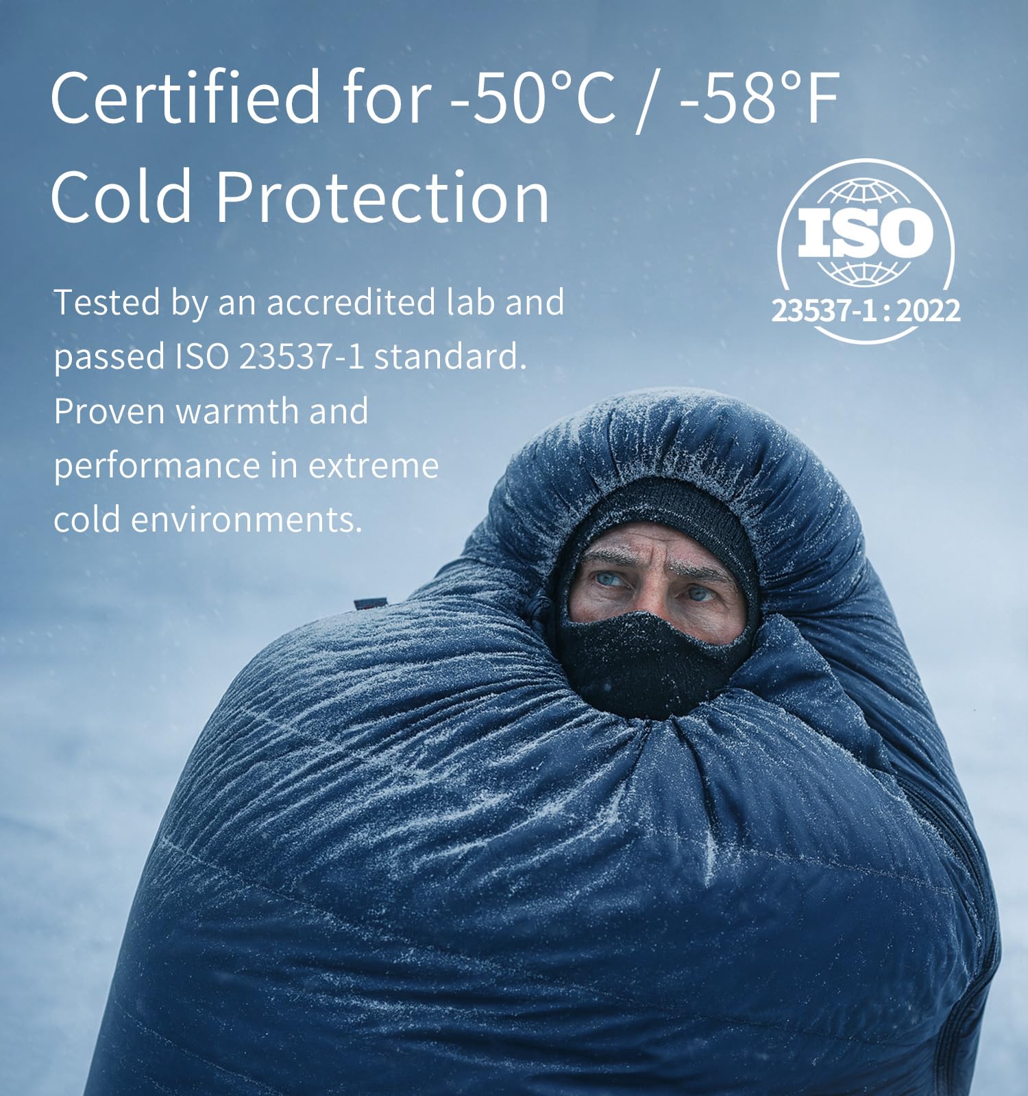 Litume Śpiwór -50°C lodowcowy - ekstremalne zimno, dół 800+ fill Power 1,8 kg, mumia o jakości wysyłkowej, wodoodporny nylon 20D, przetestowany na kemping zimowy i alpinizm.
