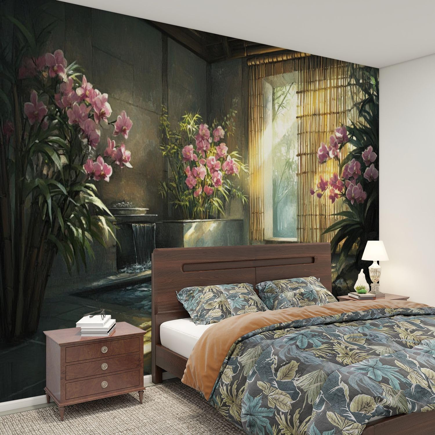 Modern Peel and Stick Wall Mural Wallpaper Peaceful Zen Nook Art Bamboo Shades Pink Orchid Serenity Self Adhesive Removable Wall Stickers for Living Room Bedroom TV Background 100''x144''