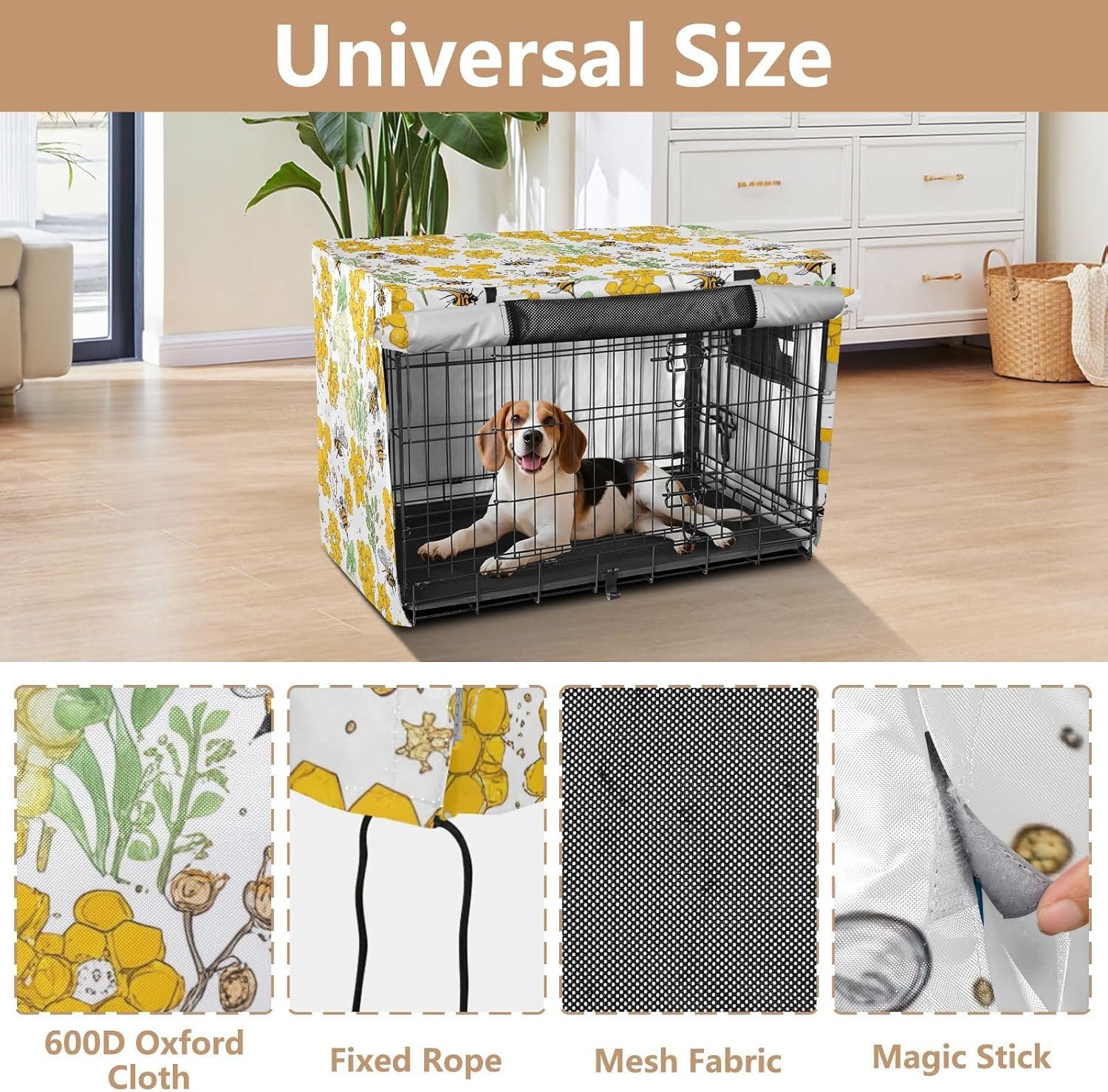 Honeycombs Bees Bright Dog Crate Covers Roll-up Sides, Cage Cover for Indoor Pets, X-Large