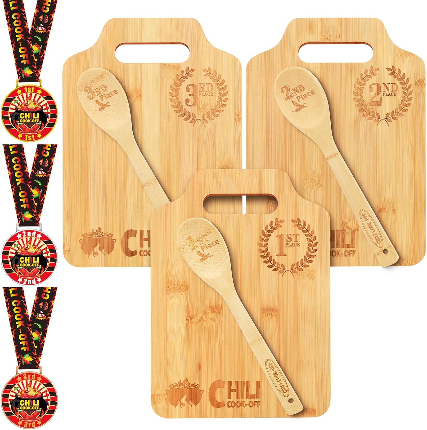 3 Set Chili Cook Off Medals Trophies Prizes 1st 2nd 3rd Place Medals Wooden Cutting Board Set with Spoon Winner with Neck Ribbon Chili Cook Off Awards Prizes for Contest Food Competition