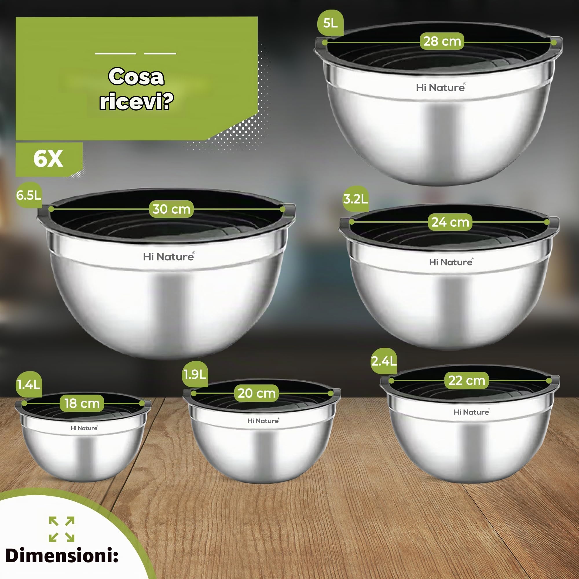 Hi Nature™ Set di ciotole con coperchio in acciaio inox, set di 6 ciotole per mescolare con coperchio, antiscivolo e impilabili, lavabili in lavastoviglie, ciotole da 1,4 l, 1,9 l, 2,4 l, 3,2 l, 5 l