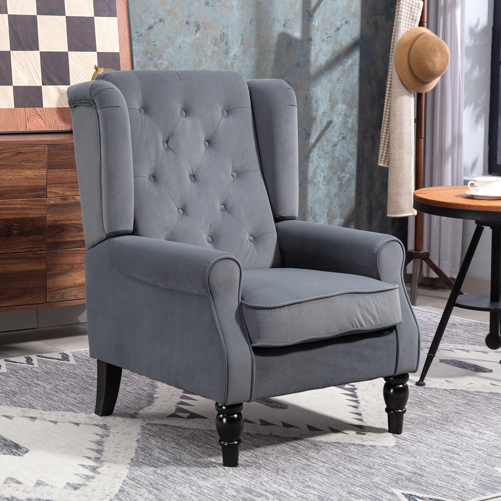 HOMCOM Wingback Accent Chair Velvet Armchair High Back Grey