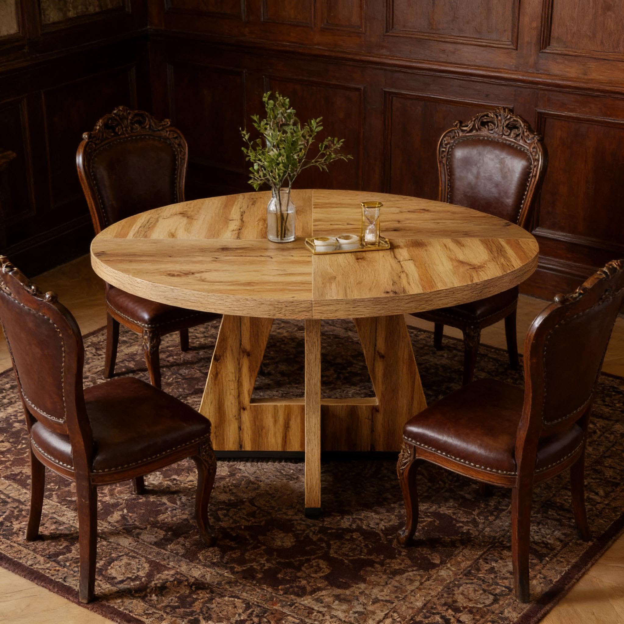 Tavolo da pranzo rotondo 120 cm in stile fattoria, tavolo da cucina in legno, tavolo da pranzo per 4 persone, design rustico, colore naturale