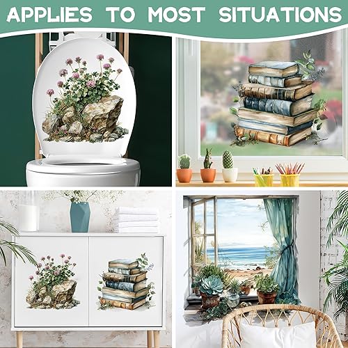 Miniatura 4 de Calcomanías de pared falsas para ventana de mar, playa, suculentas, plantas en maceta, calcomanías de pared, flores rosas, libros de plantas verdes,