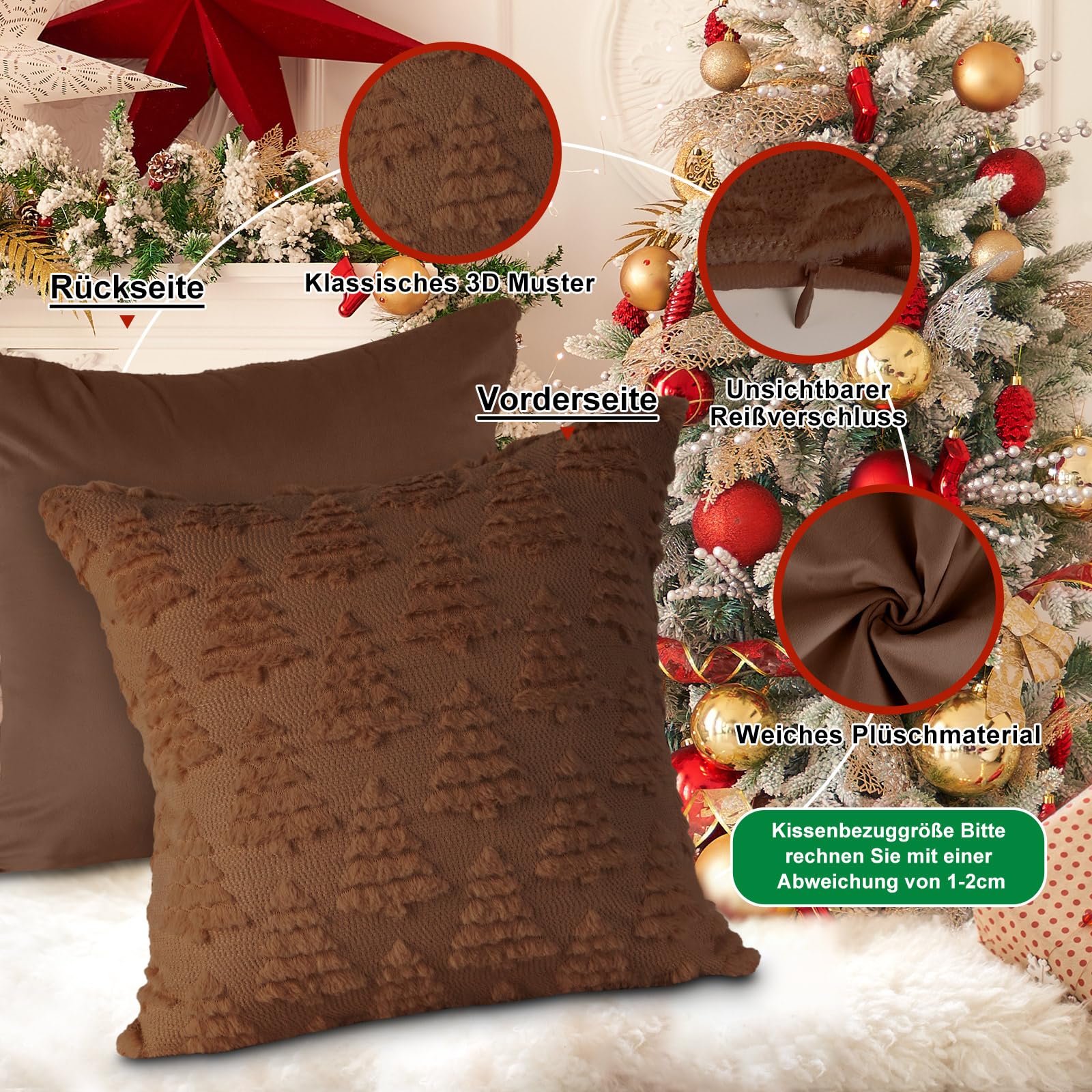 Lanpn Kissenbezug Weihnachten 45x45cm 2er Set Weihnachtsbaum Kissenbezüge Dekokissen Weihnachtskissen Plüsch für Büro Home Wohnzimmer Schlafzimmer Couch Bett Sofa Dekor Weihnachtsdeko (Braun)