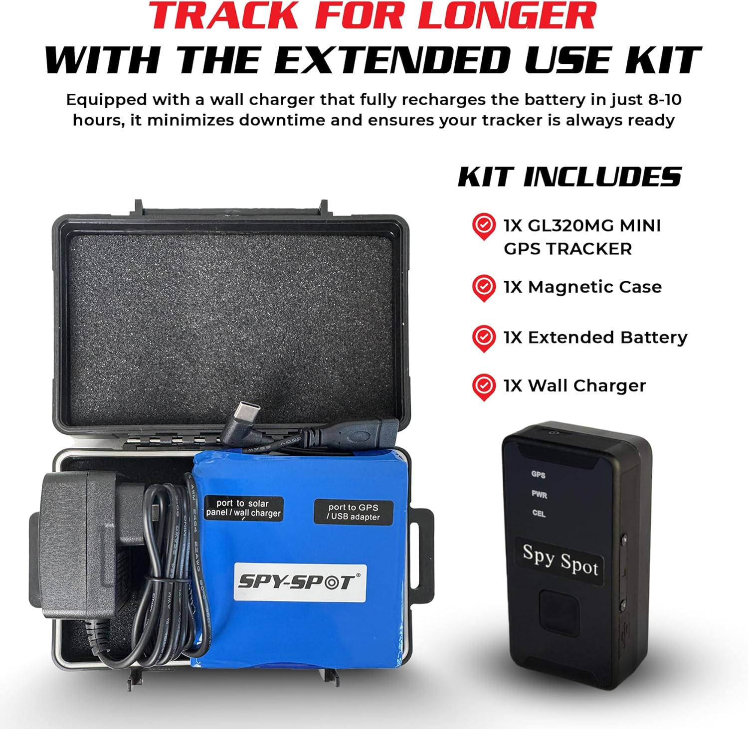 Contents of SpySpot Tracking Kit including GPS tracker, magnetic case, extended battery, and USB adapter.