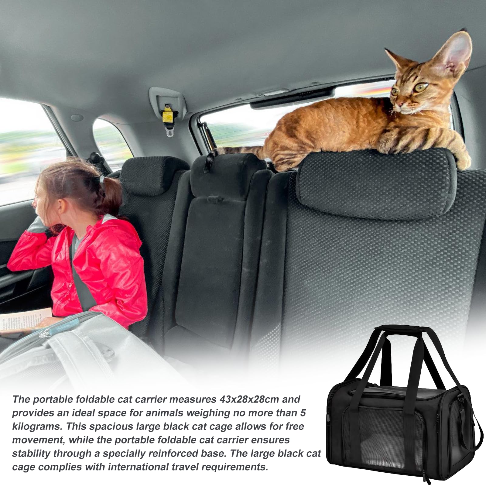 Grand sac de transport noir pour chat : sac pliable portable pour chat, sac sûr pour les petits animaux de compagnie, boîte de transport respirante pour chat pour les voyages et les visites