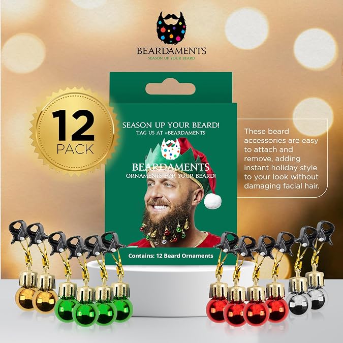 Beard Ornaments for Men Colorful Christmas Baubles - Easy-Attach Funny Christmas Ornaments for Cosplay and Holiday Parties - 12pc