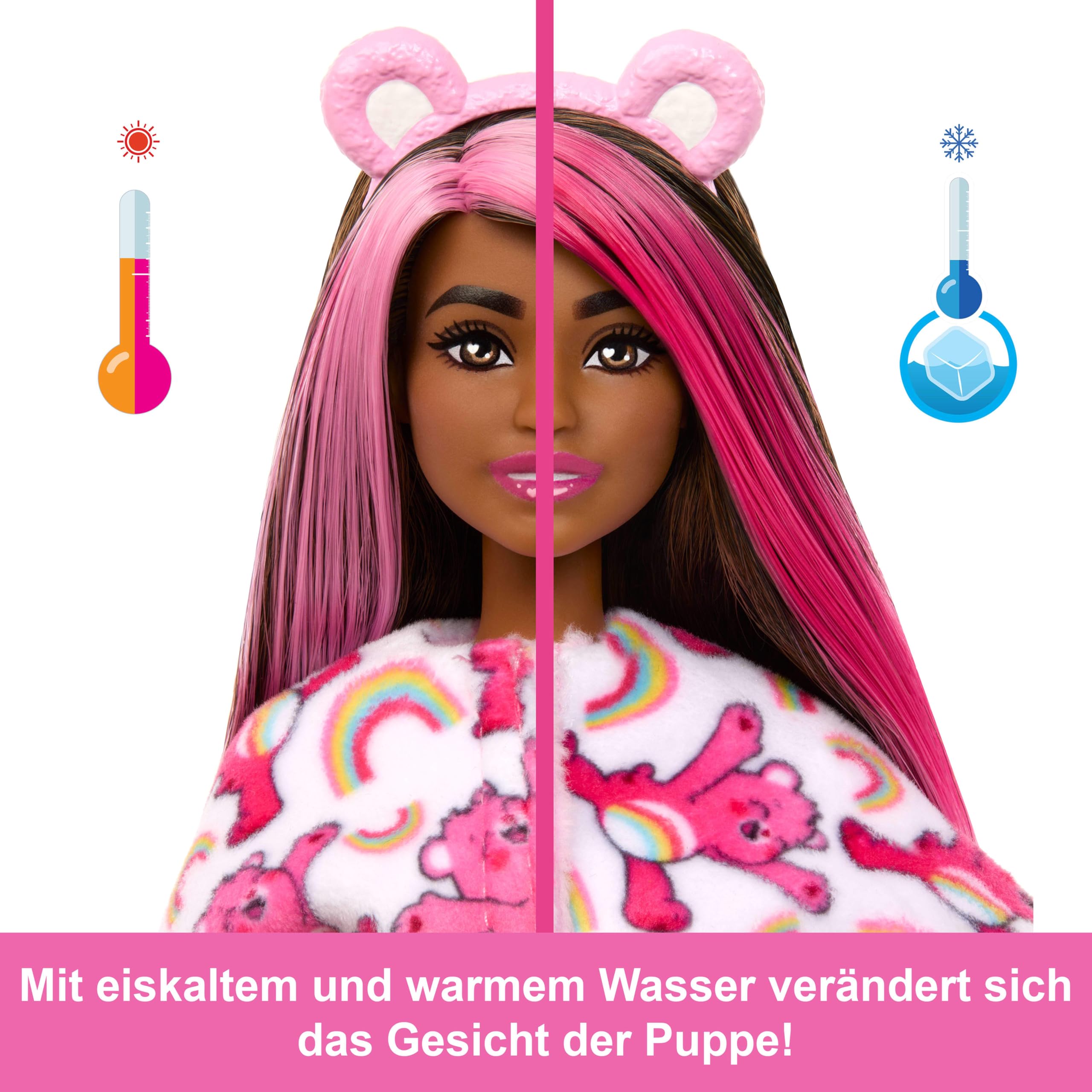 Barbie-Puppe mit Accessoires, Glücksbärchis-Reihe, Modepuppe mit plüschigem Hurrabärchi-Kostüm und 10 Überraschungen, einschließlich Farbwechsel und Mini-Bärchi, JCN95