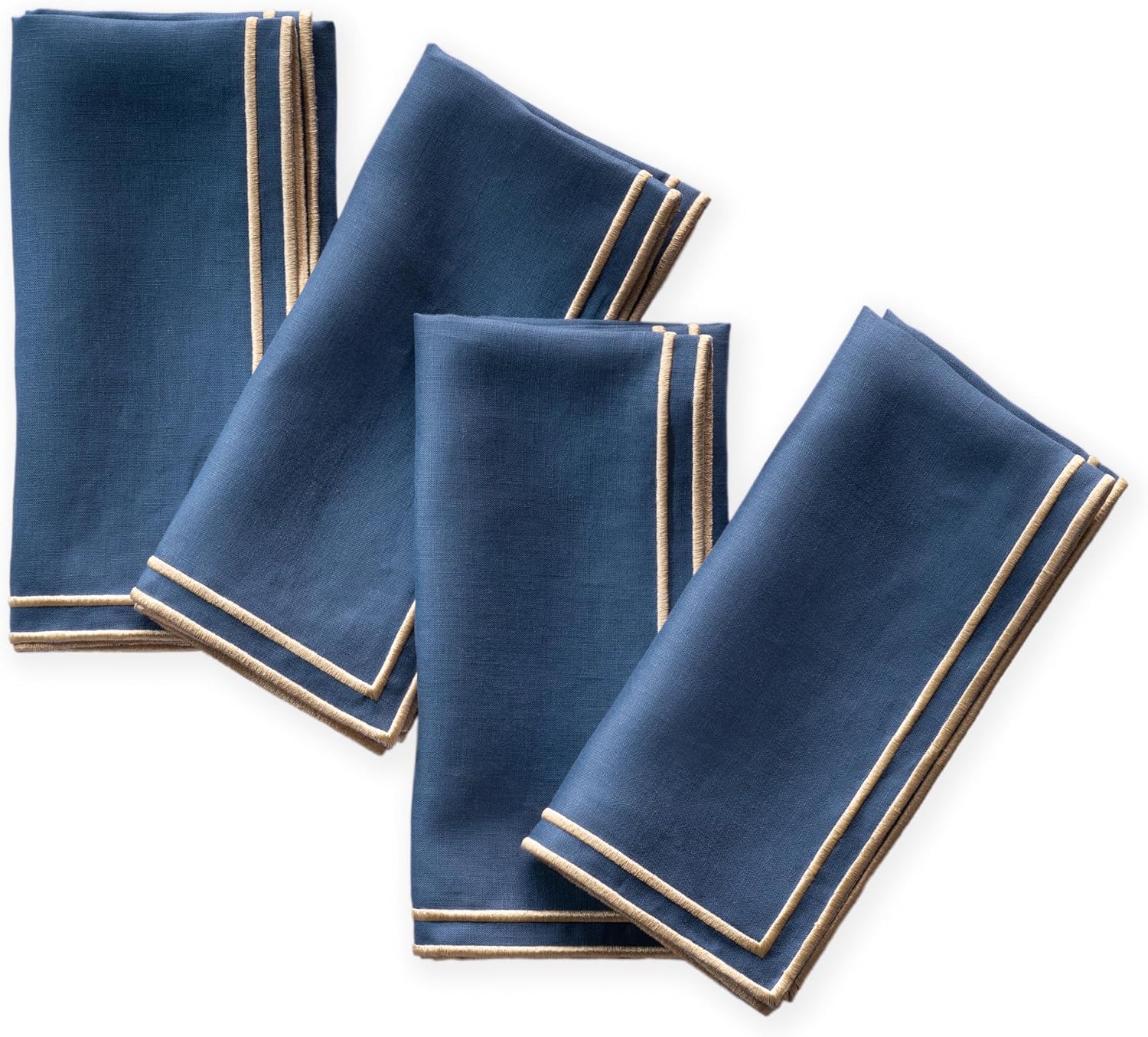 Linen Dinner Napkins Set of 4-100% Pure Linen Navy Blue Napkins with Embroidered Gold Edge 20 x 20 inch - Embroidered Napkins Cloth Washable for Summer, Fall and Winter