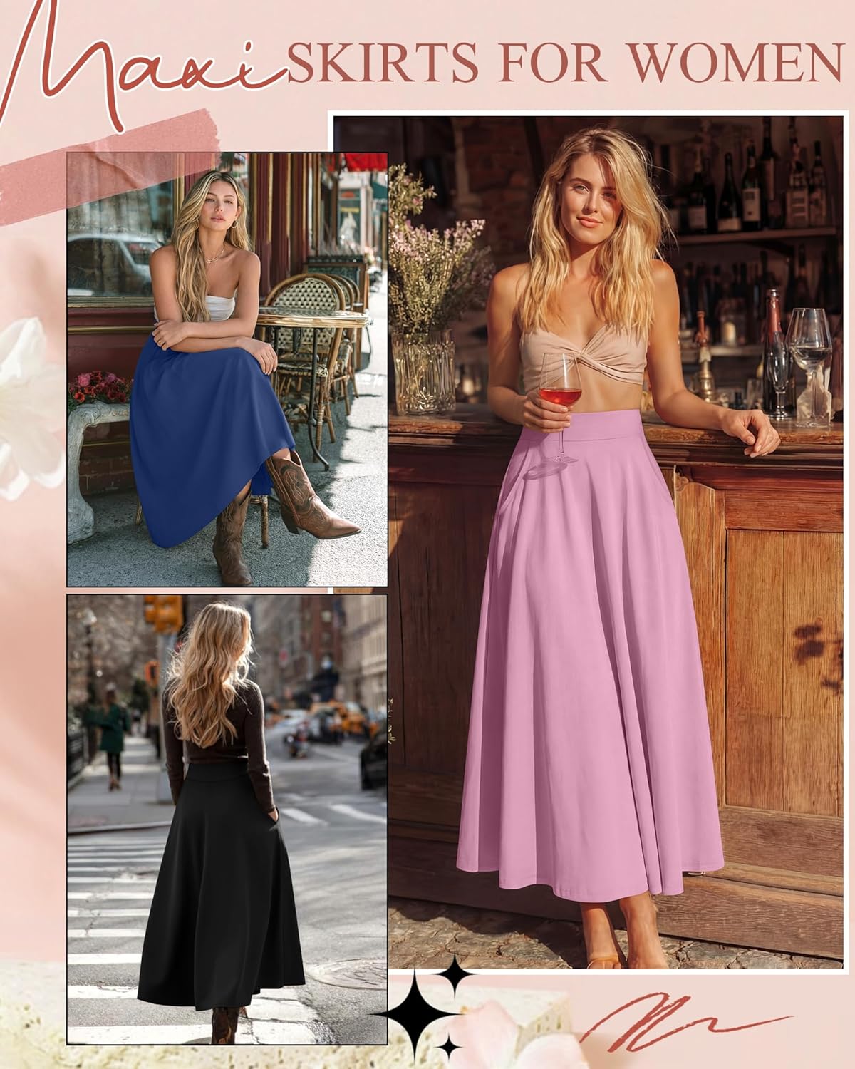 Ficerd 3 Pack Women's Maxi Long Skirts with Pockets, A Line Ankle Length High Waisted Flowy Soft Summer Casual Skirts - Image 2
