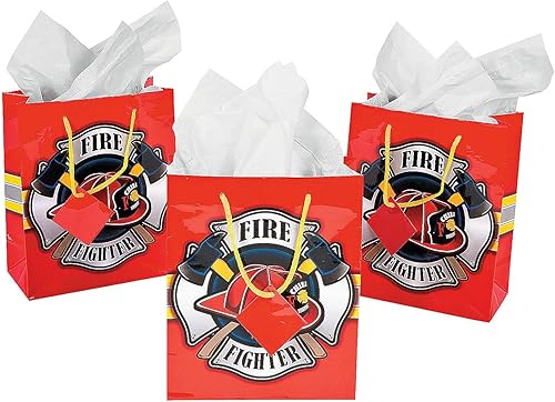 Fun Express Bolsas de regalo de bombero con etiquetas (juego de 12) suministros de fiesta de bomberos