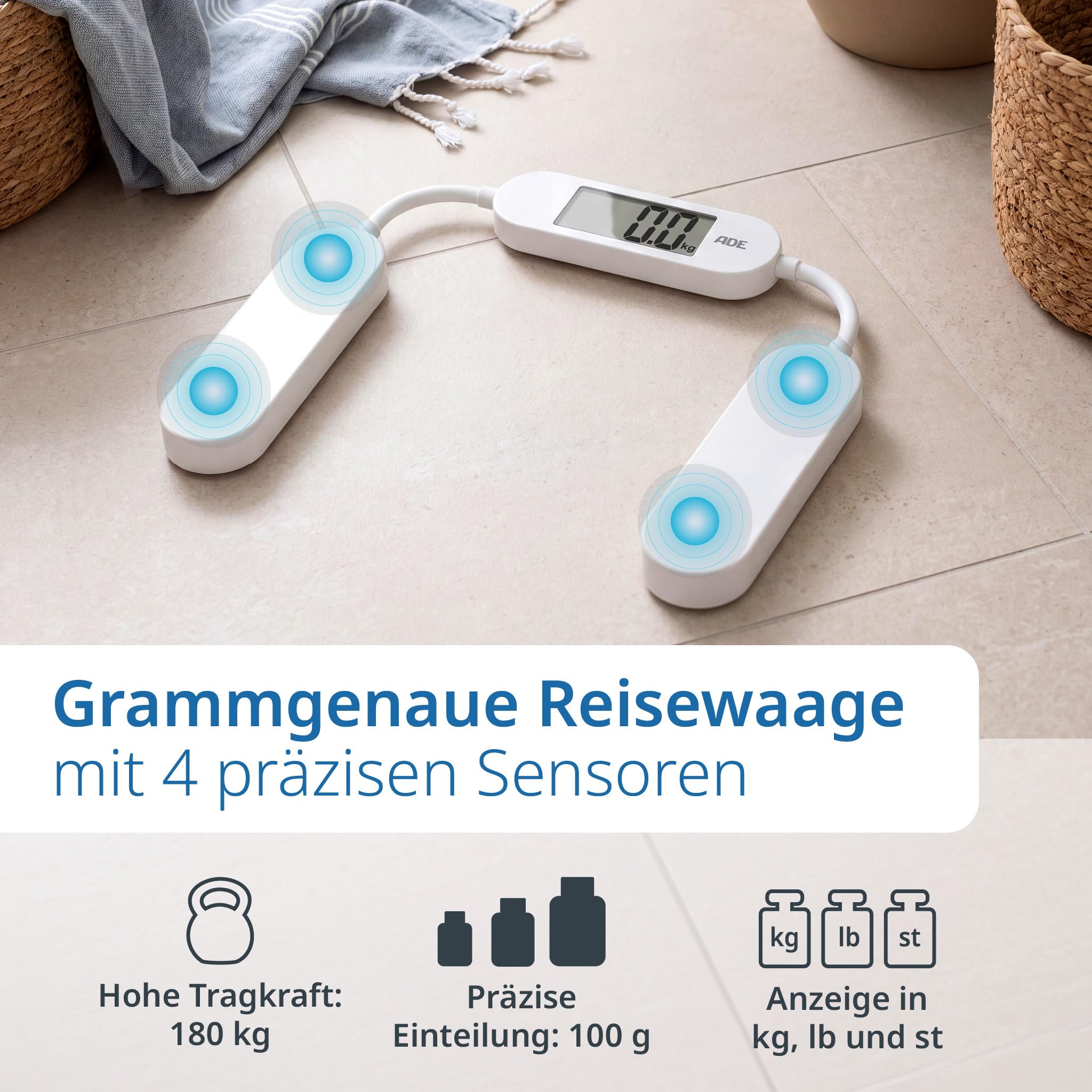 ADE Faltbare Reisewaage | digitale Personenwaage mit 180 kg Tragkraft in 100-g-Schritten | präzise Körperwaage mit LCD-Display