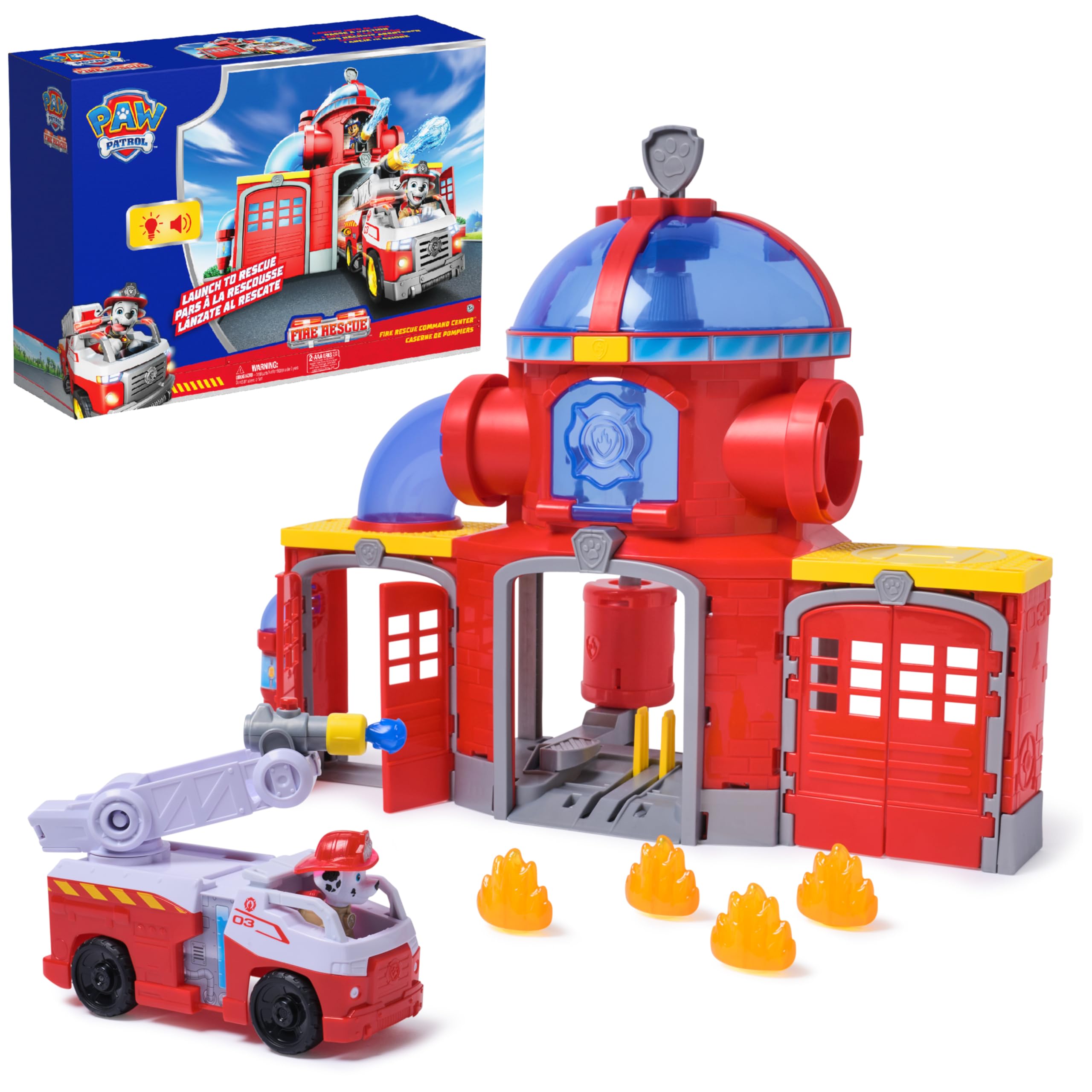 PAW Patrol Fire Rescue Command Center with Marshall Figure, Rescue Fire Truck, Lights, Launcher & Sound Fx, Kids Toys for Boys & Girls Ages 3 and Up
