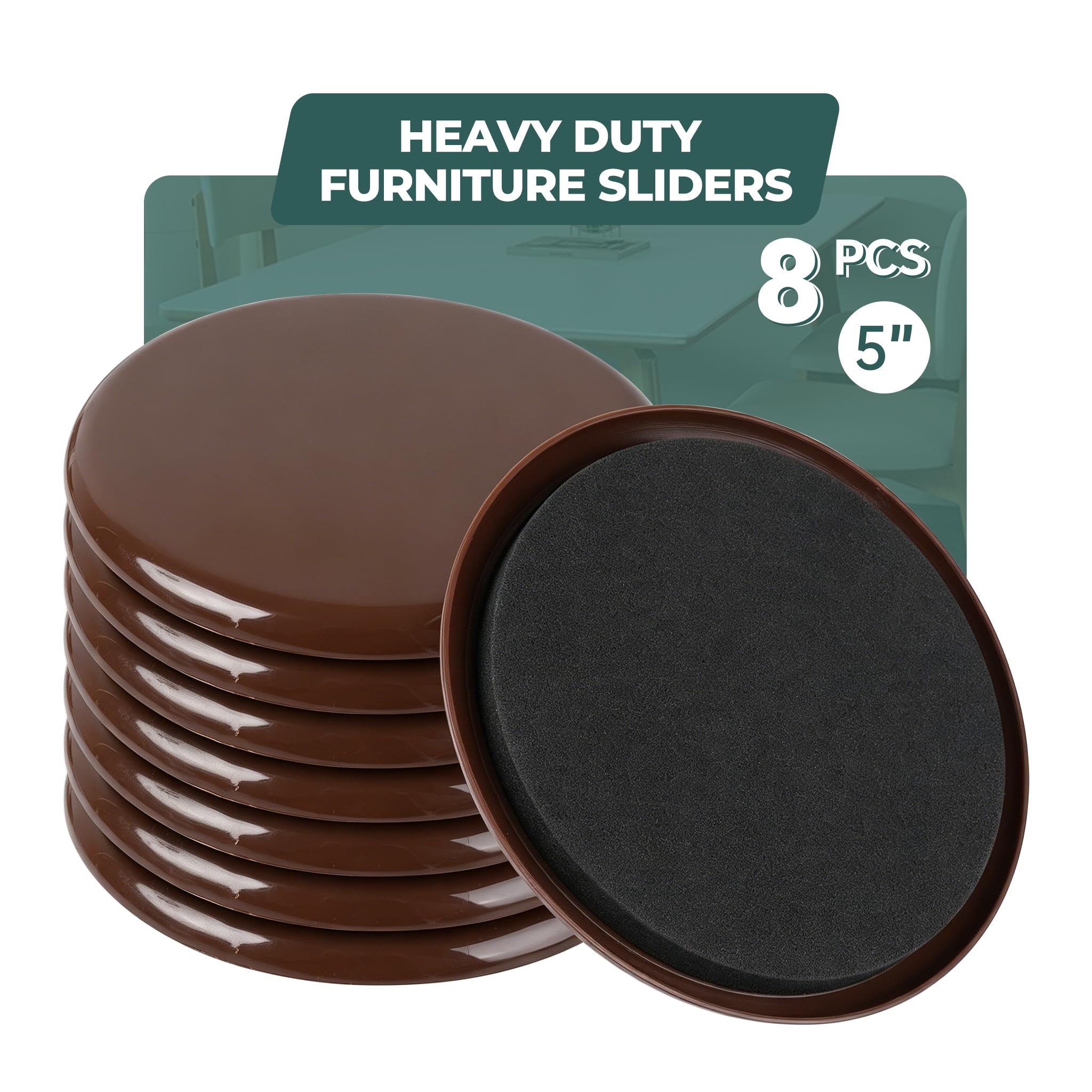 Round Furniture Sliders 8pcs 5 inch, Heavy-Duty Reusable Movers Sliders for Hardwood Floors & Carpet, Chair Sliders， Furniture Moving Sliders to Protect Floors and Move Furniture Easily(Brown)