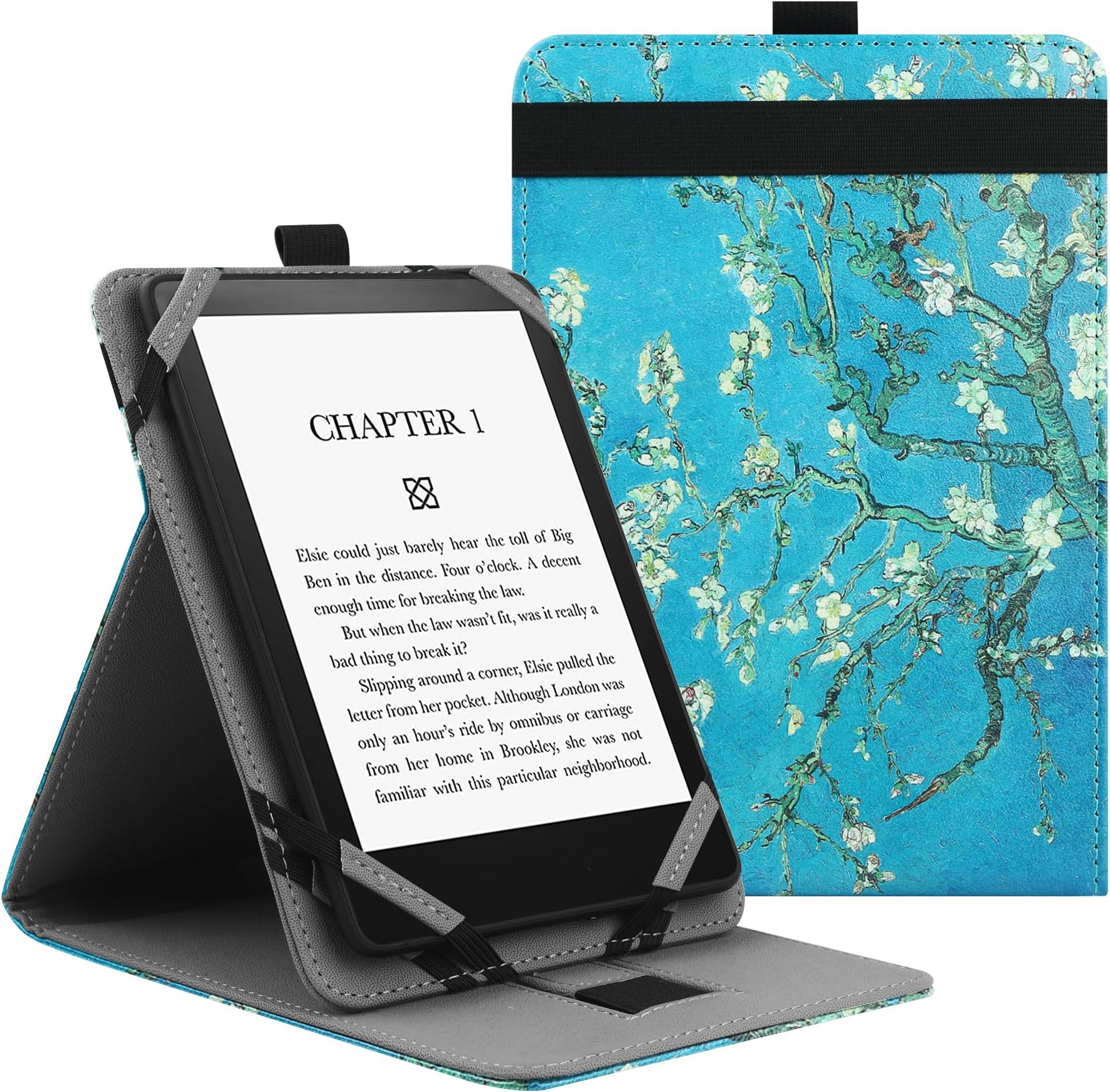Universal Case for 6",6.8" kindle Paperwhite eReaders,Folio Stand Cover with Handstrap Compatible with Kindle/Kobo/Tolino/Pocketook/Sony 6-6.8inch ebook reader-Apricot Flower
