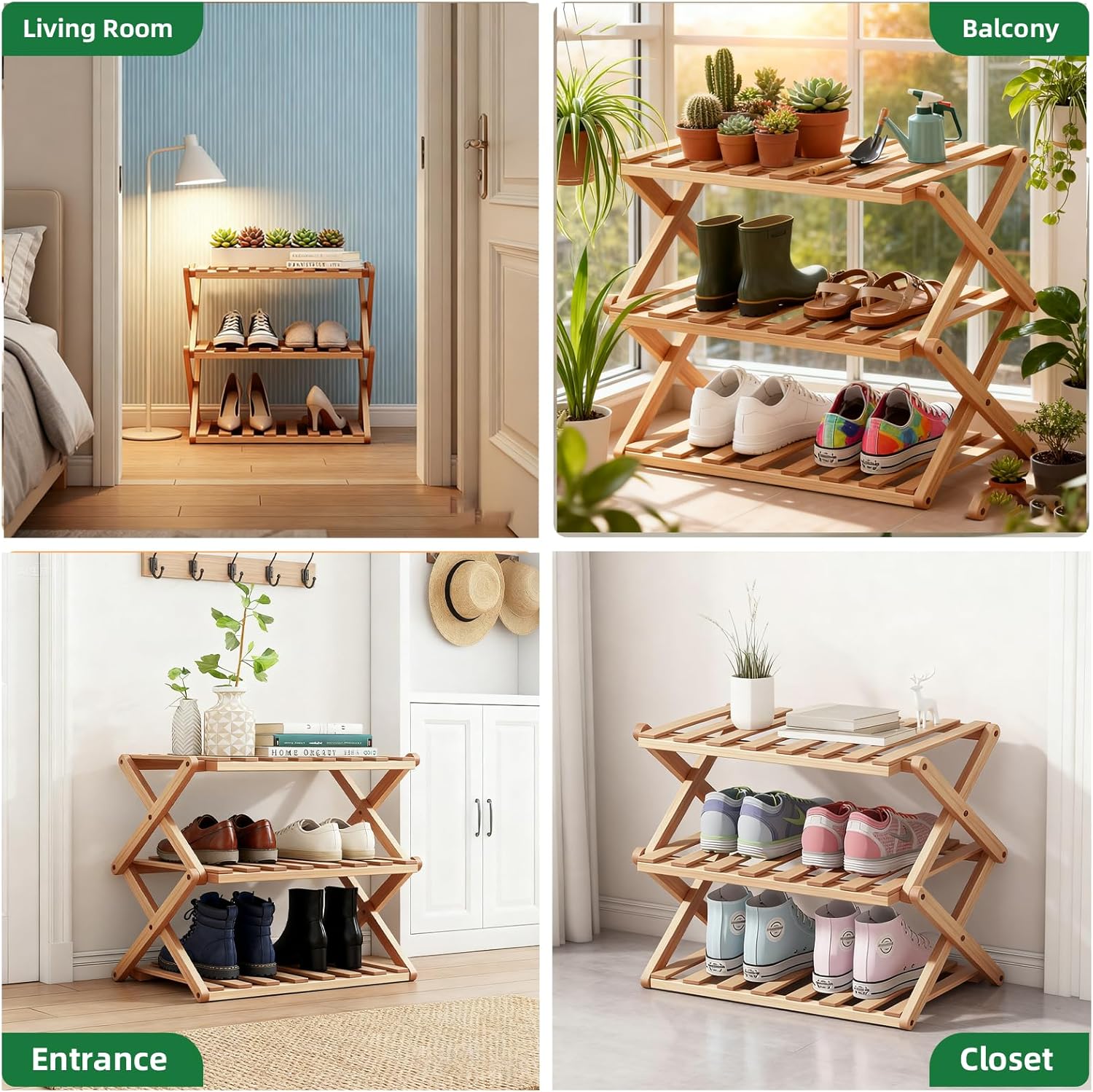 3-Tier Bamboo Shoe Rack, Foldable Shoe Storage Organizer for Closet, Bedroom, Entryway & Living Room - Portable No-Assembly Design, Space-Saving for Shoes & Accessories​(3 Tier) (Wood)