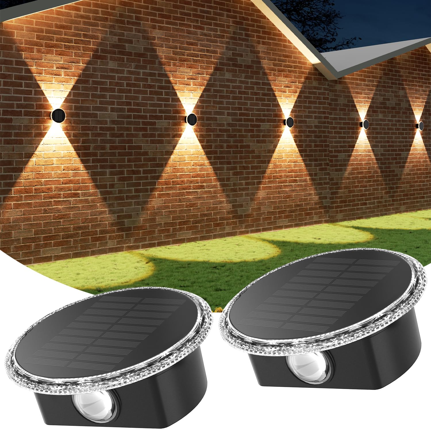 ELLASAY Solar Up and Down Lights Outdoor: 2-Pack Round Solar Wall Lights with Soft Dual LED Lighting, IP65 Waterproof, 3 Colour Modes for Fence/Patio/Garden Decorative Lighting