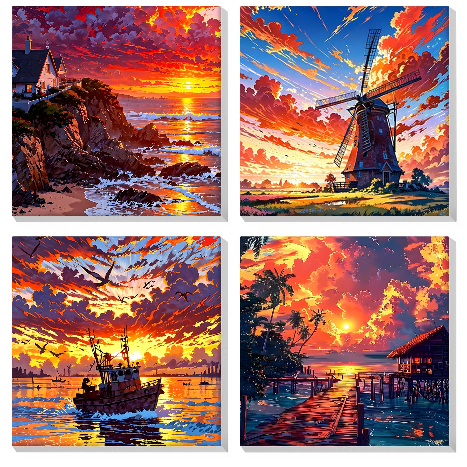 MOGTAA 4 Kits Peinture Par Numéros Encadrée 20x20cm - Paysages Faciles - Débutants - Décoration Murale DIY