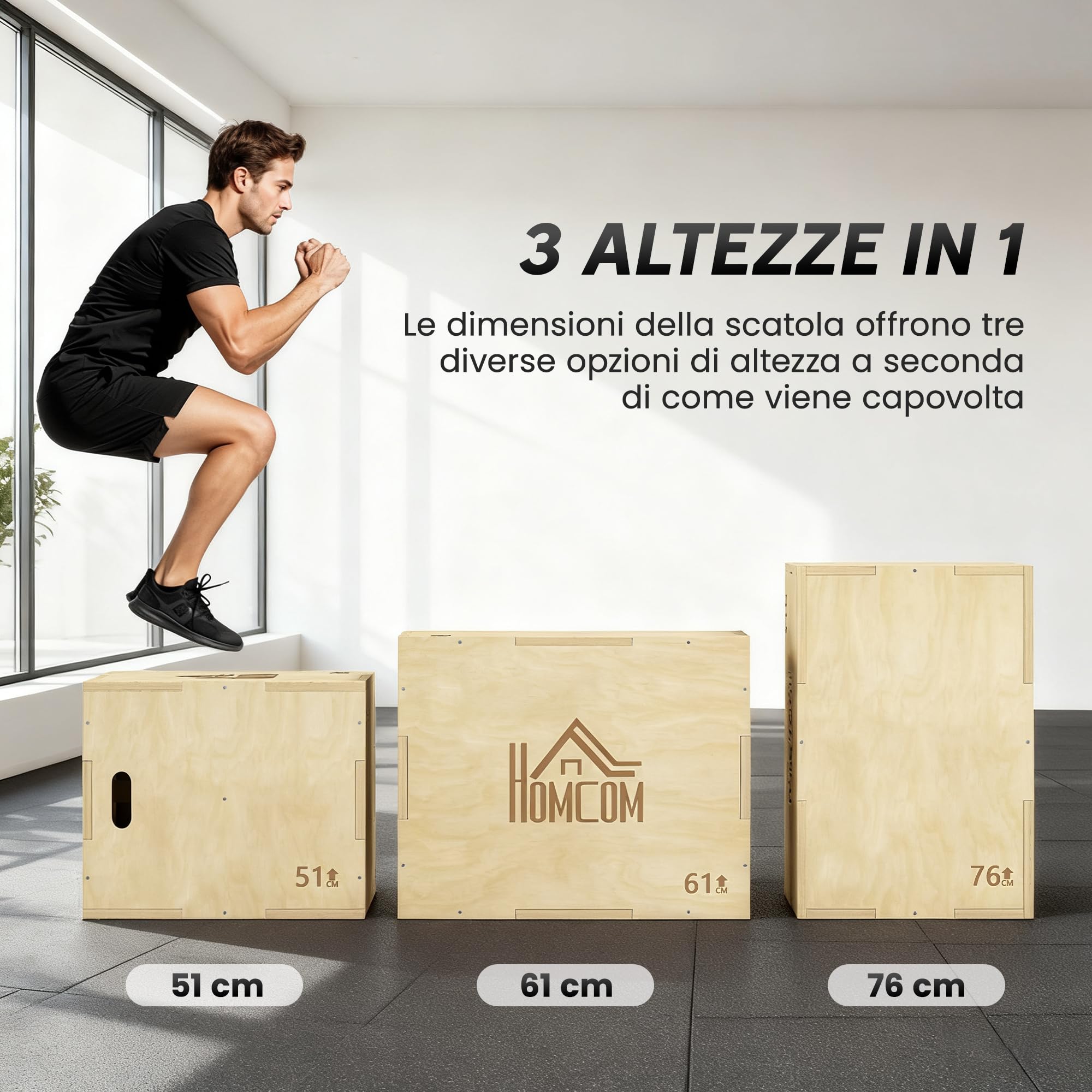 HOMCOM Plyo Box a 3 Altezze Regolabili in Legno di Faggio per Casa e Palestra