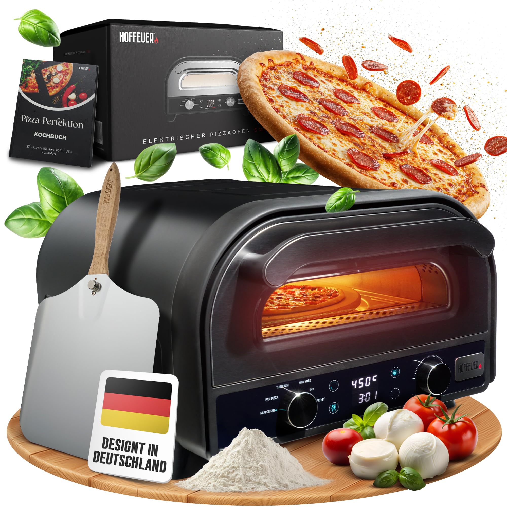 Horno eléctrico para pizza – Horno eléctrico profesional para pizza para el hogar con piedra para pizza, función giratoria y accesorios | Pizza como del horno de piedra, horno para tartas