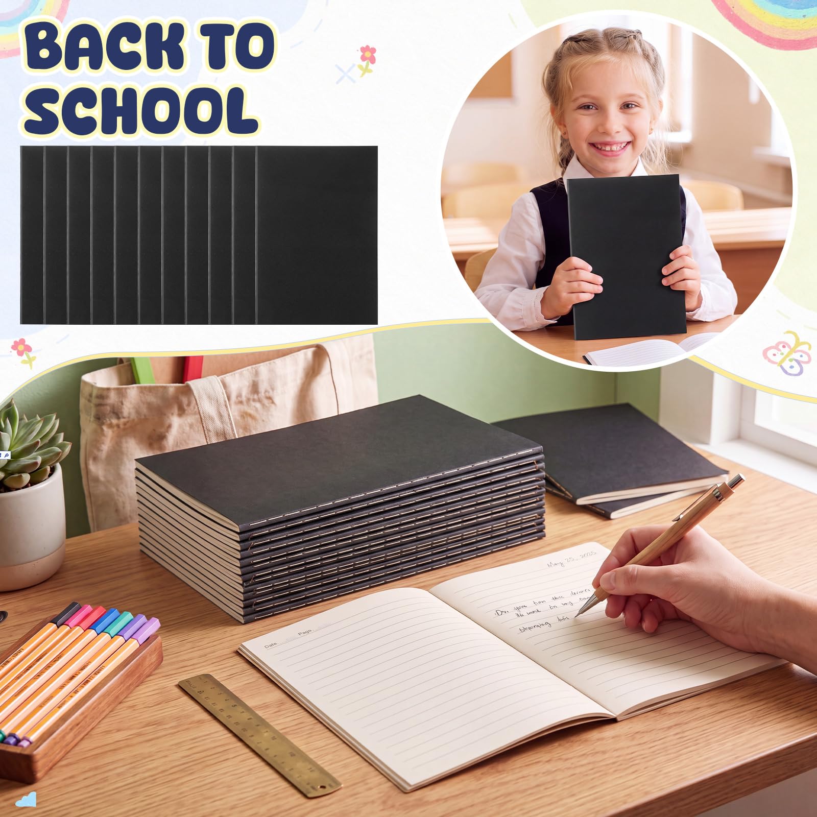 Handepo Paquete de 100 cuadernos de papel kraft A5 rayados, tapa suave, bloc de notas de composición de papel kraft para niñas, estudiantes, oficina, suministros escolares (negro)