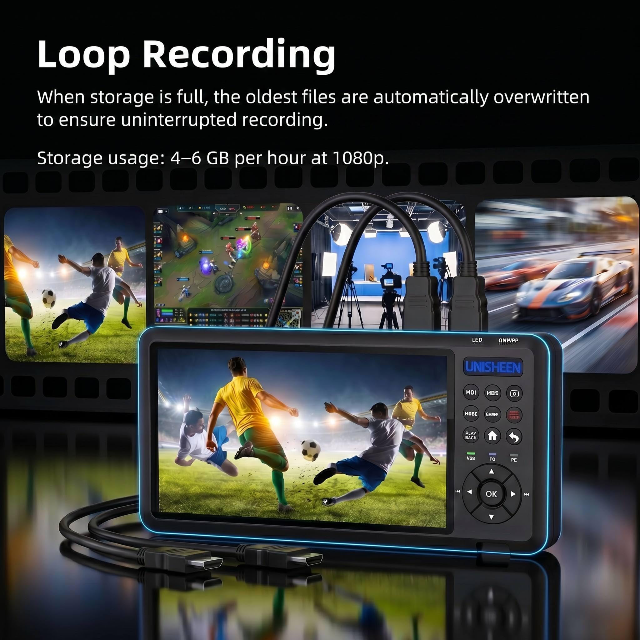 HD Video Capture Box 2 Channel 1080p 60 FPS HDMI Picture-in-Picture Video Recorder with Screen 7 inches MP4 Support SD Card U Disk Storage Have USB2.0 Cable Remote Control