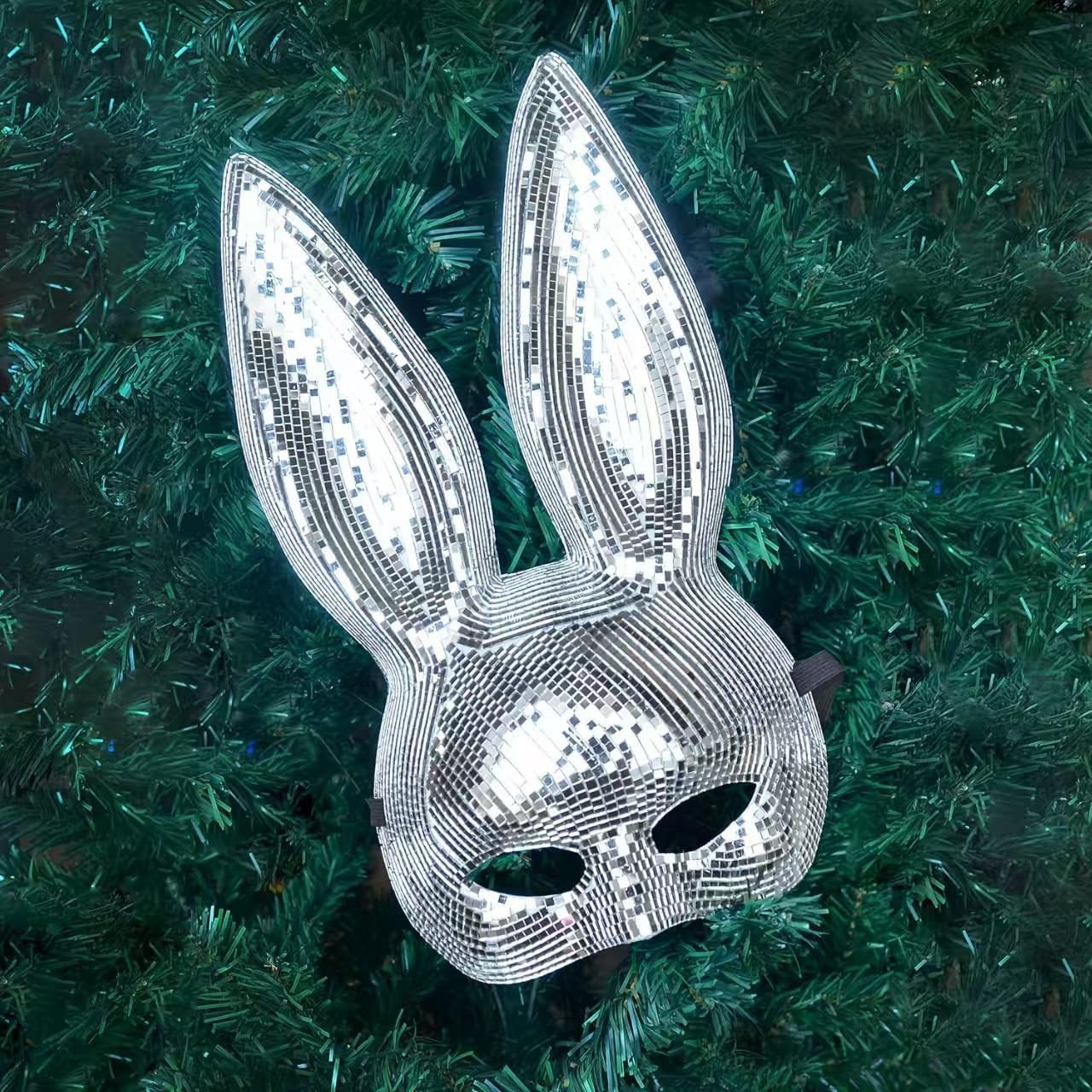 Disco Ball Bunny Mask, Silver Mirror Mosaic, Party Costume Accessory