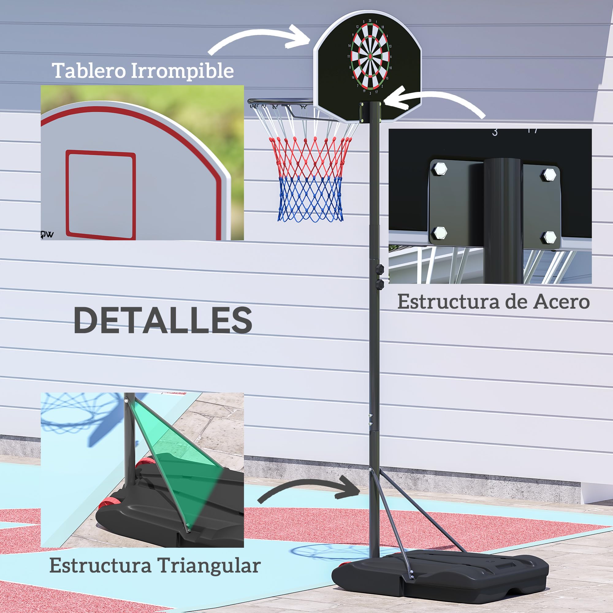 SPORTNOW Canasta de Baloncesto Exterior Tablero Dardos Altura Ajustable 210-247 cm Aro Portátil Ruedas Base Rellenable Negro