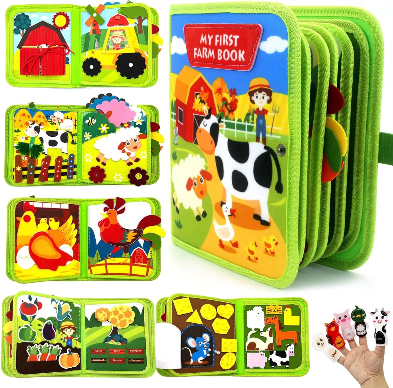 Happy Toys Libro Sensorial Montessori para Bebés de 1 a 4 Años, Libro de Tela Didáctico, Juguete Educativo de Motricidad Fina, Estimulación Temprana, Quiet Book Granja