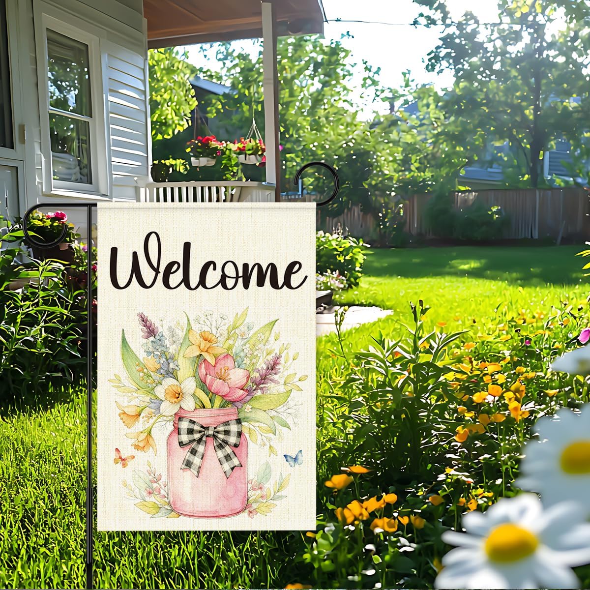 Welcome Spring Garden Flag, Spring Summer Flowers Garden Flag for Outside, Floral Buffalo Plaid Bowknot Farmhouse Yard Lawn Porch Flags for Outside Decor 12x18 Inch Double Sided - Image 3