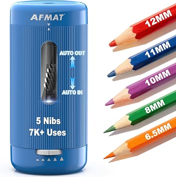 AFMAT PSC3 Electric Pencil Sharpener, Auto in & Out, 5 Nibs, 7K+ Uses, Fully Automatic Classroom Pencil Sharpener, Rechargeable Hands-Free Sharpeners for Jumbo/Colored Pencils 6.5-12mm Sky Blue