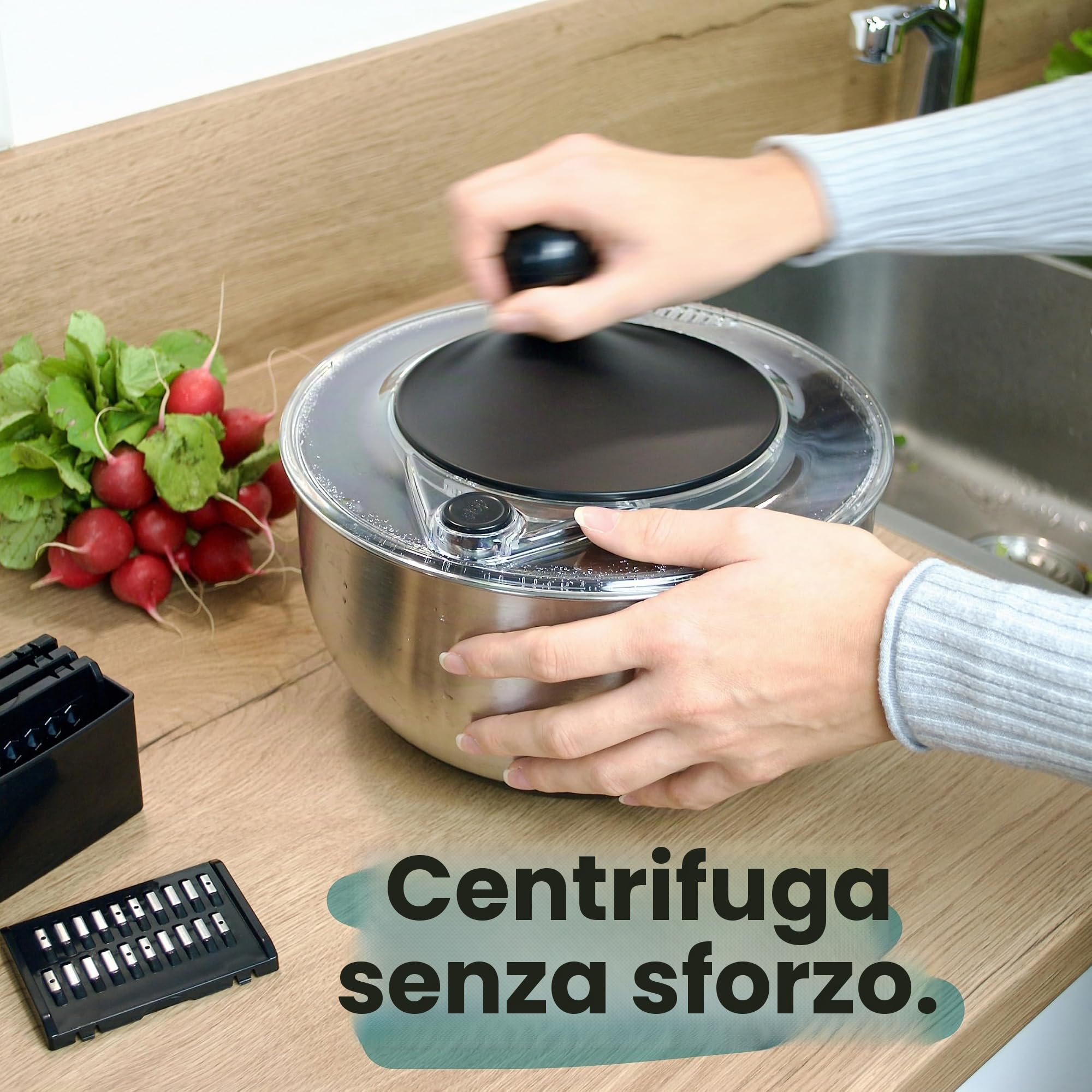 Cookery Centrifuga per insalata in acciaio INOX (4,5 l) + affettaverdure con 5 lame | semplice centrifuga per insalata grazie al fondo antiscivolo e al manovellino