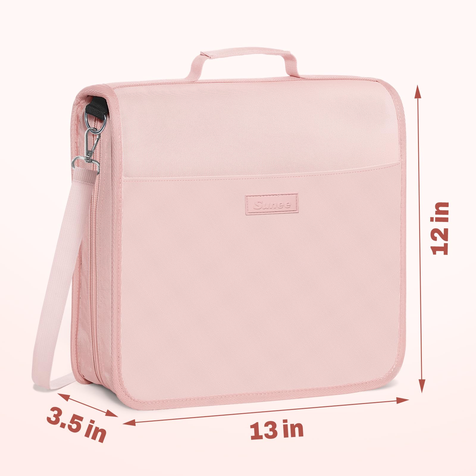 SUNEE Raccoglitore con cerniera a 3 anelli, anello a O da 7,6 cm, con manico e tracolla, capacità 600 fogli, multi-tasche per organizer per scuola media con cerniera, rosa loto