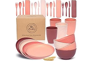 FOODLE Wheat Straw Dinnerware Sets for 4: College Dorm Room Essentials