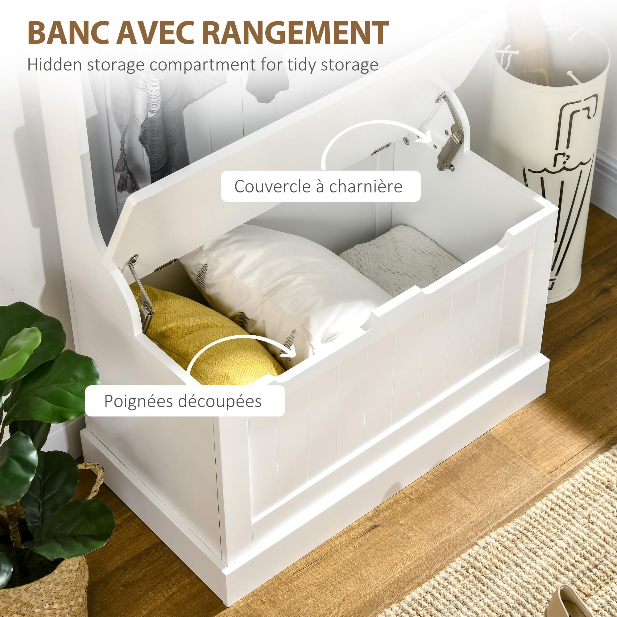 HOMCOM Meuble d'Entrée 4 en 1 Banc de Rangement 71,5 x 39,5 x 170 cm Blanc