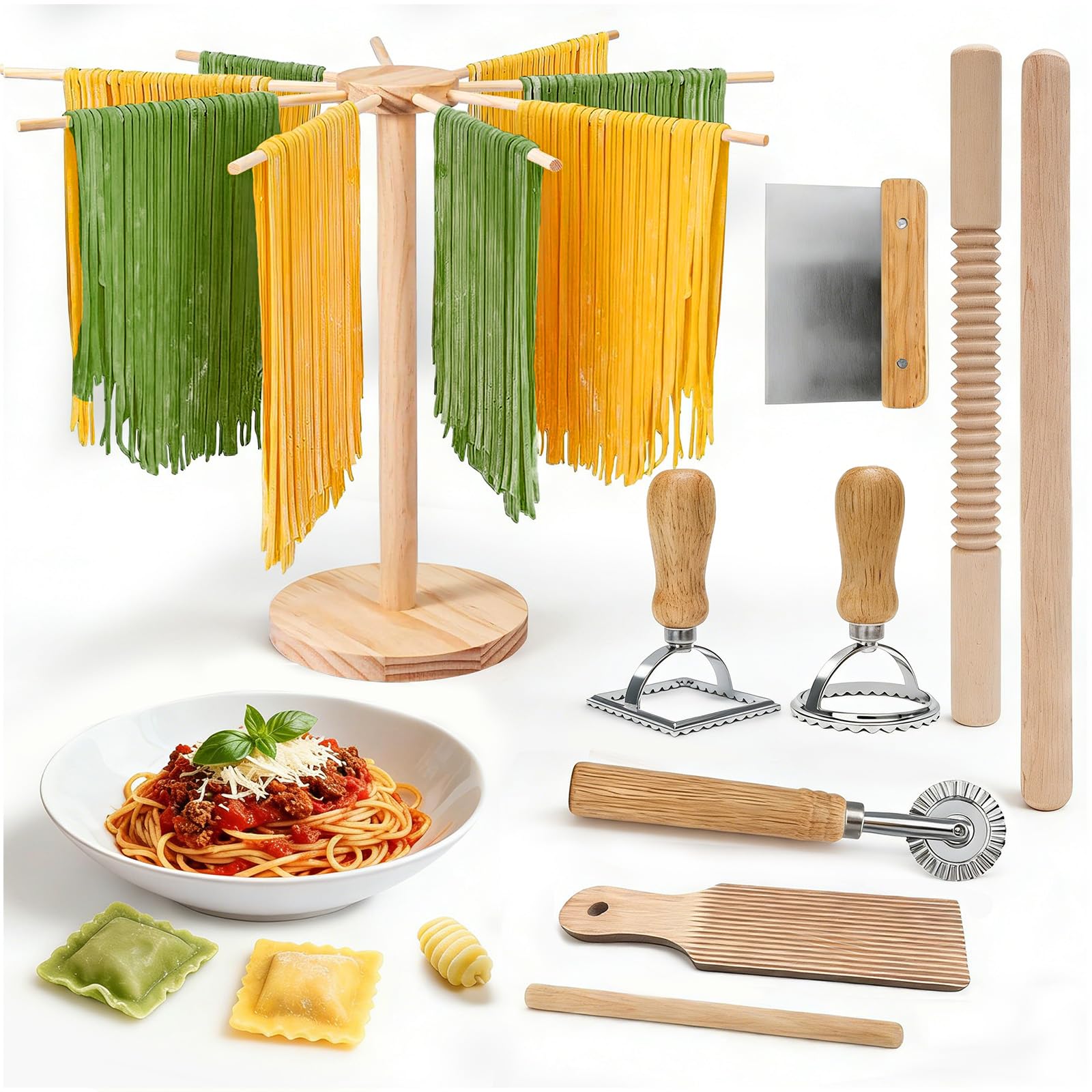 Kit de fabrication de pâtes 9 pièces, séchoir à pâtes, rouleau fileté, 2 rouleaux, planche à gnocchi, coupe-pâte, roue à découper, 2 tampons à ravioli pour pâtes maison