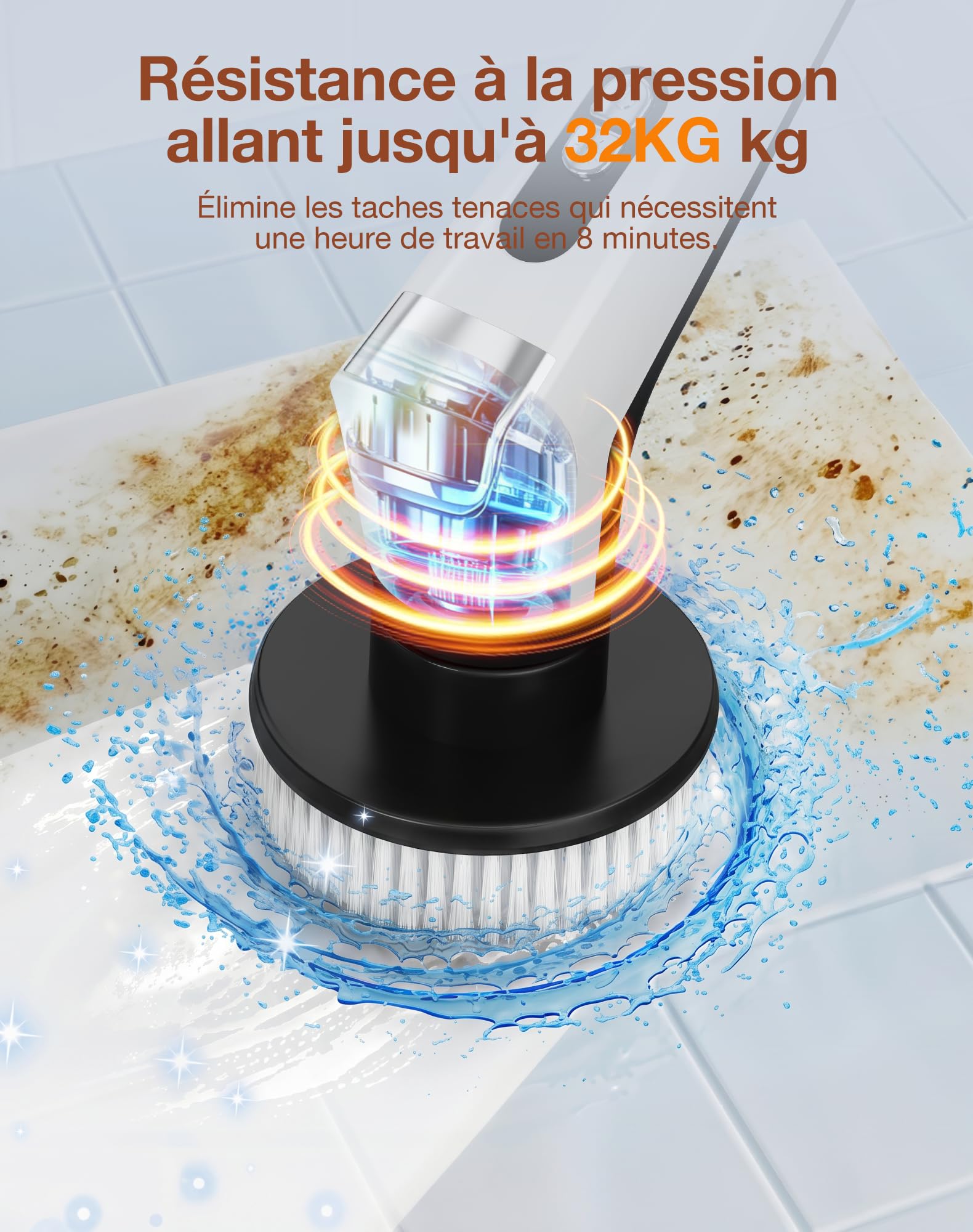 Brosse Nettoyage Électrique avec 9 Têtes, Manche Extensible, 3 Vitesses, Étanche IPX8, Batterie de 3000 mAh, Brosse Rotative Nettoyage avec Éclairage LED pour Salle de Bain, Cuisine, Sols