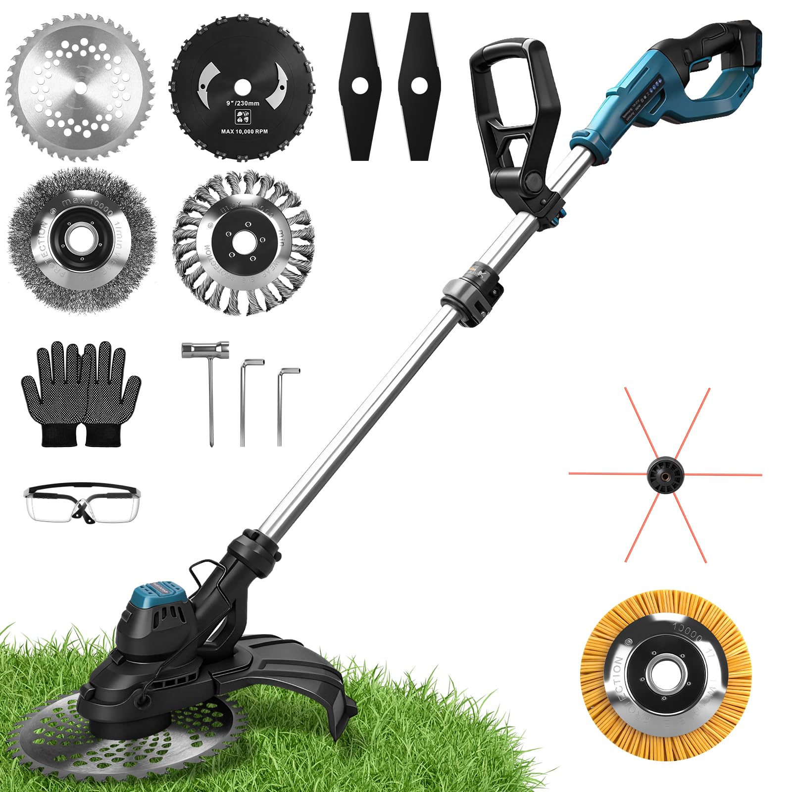 Desbrozadora con batería de 980 W para baterías Makita de 18 V, desbrozadora 7 en 1 con cepillo para malas hierbas, motor sin escobillas de 14800 rpm, ideal para jardín, césped y arbustos | (sin