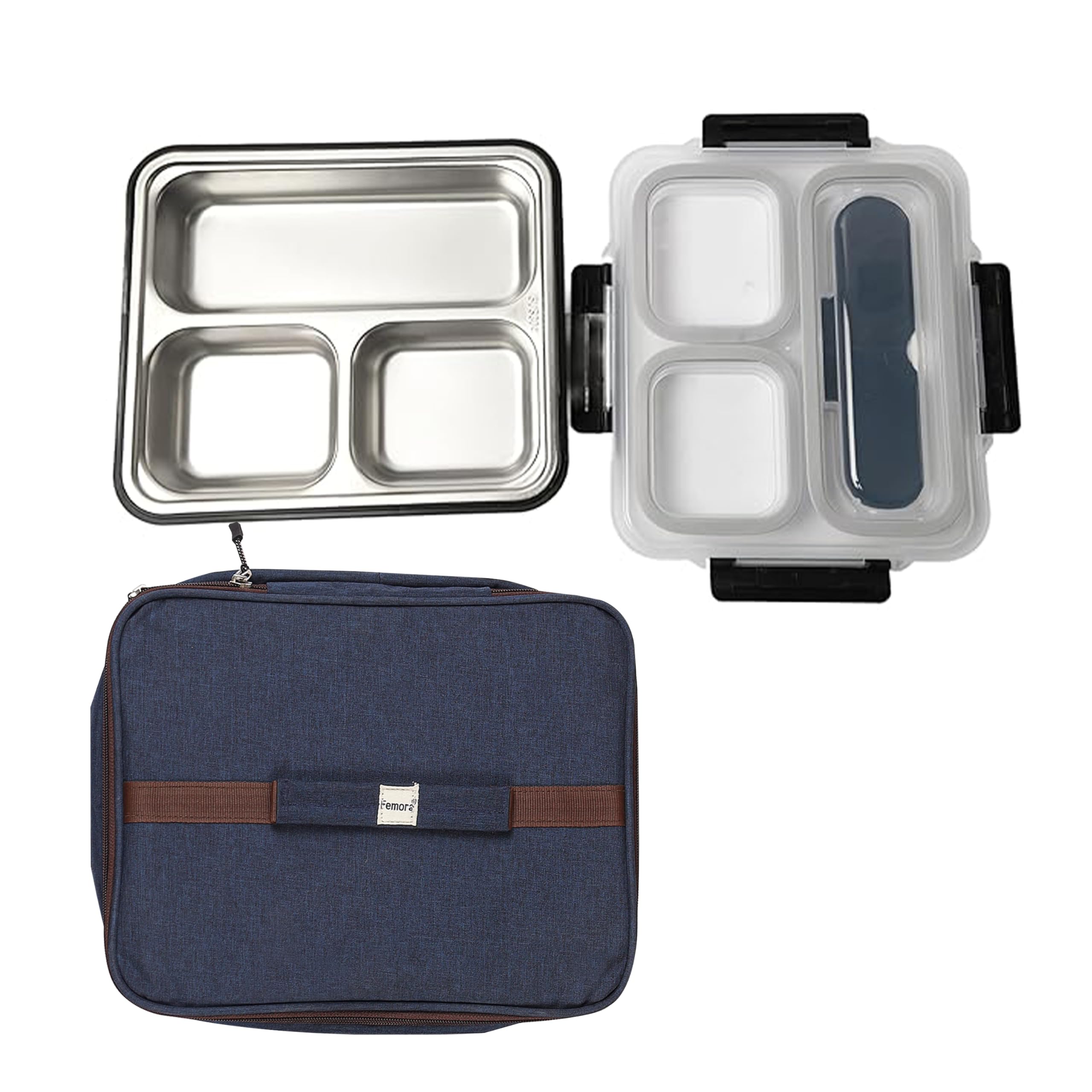 Femora High Steel Container Rectangle Lunch Box for Office-College-School - (3 Pots) - Black-With Bag
