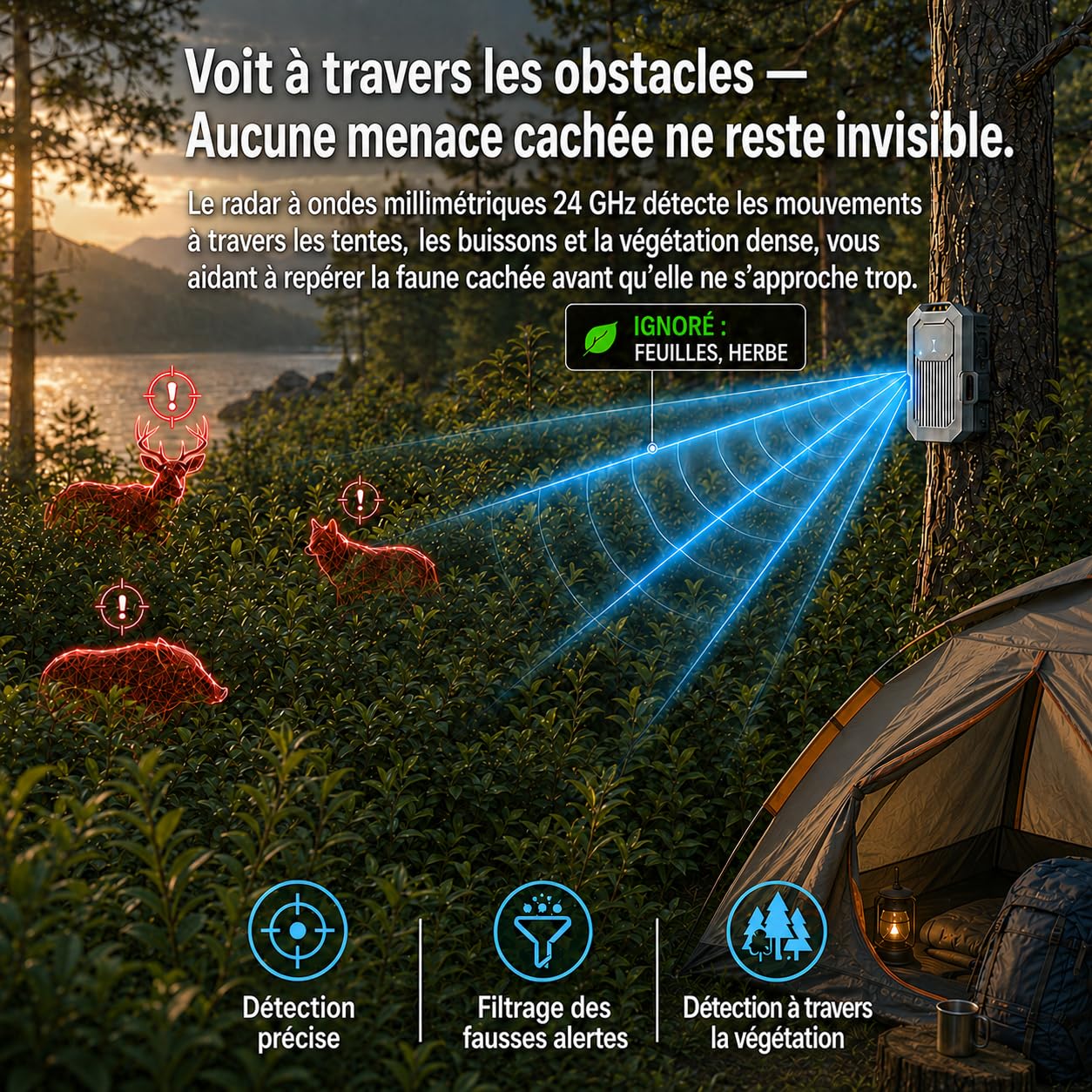 LETWESAF Alarme périmétrique Radar Portable pour Camping, portée 800 m | Radar 24 GHz détecte les mouvements ; portée sans fil de 800 m, rechargeable et IP66 – camping, camping-car et propriété.