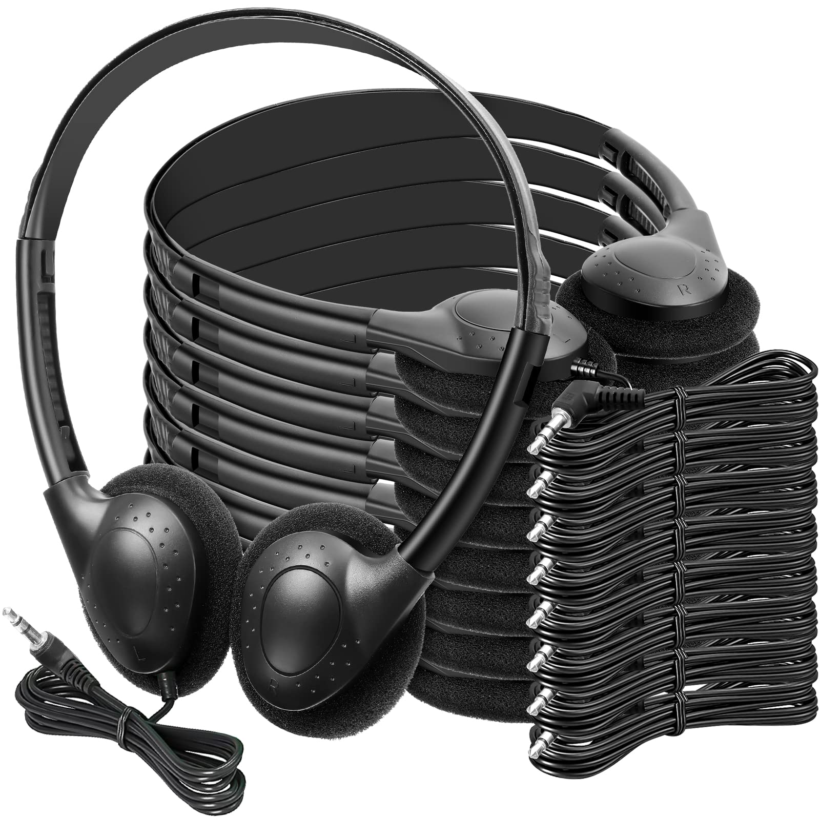 Frienda Set di 48 cuffie per aula con cavo stereo con jack da 3,5 mm, set di auricolari per studenti per bambini, adulti, scuola, biblioteca, aereo, computer portatile, senza microfono, nero
