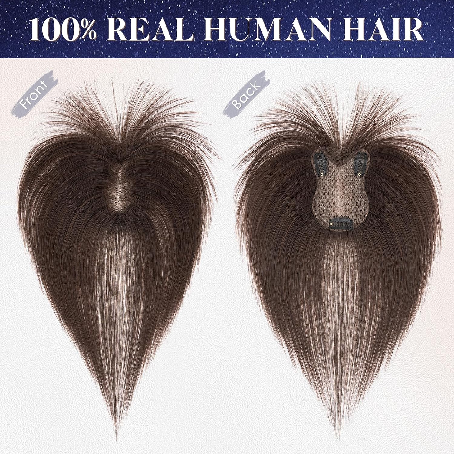Elailite Human Hair Toppers for Women Real Human Hair Topper with Bangs Hand-Tied Thin 8 * 11CM Lace Base Light Weight Clip in Remy Hairpieces 11 Inch Chocolate Brown