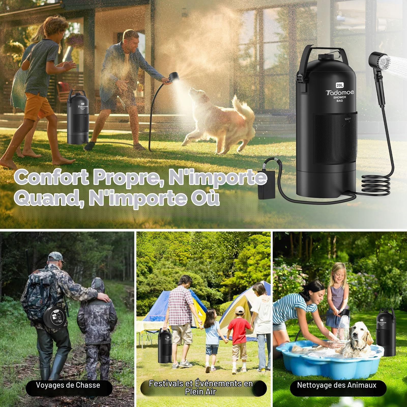 Douche portable pour camping, sac de douche de 20 litres pour le camping avec sac en maille, pompe à pied améliorée et pommeau de douche portable offrant une expérience de douche à domicile