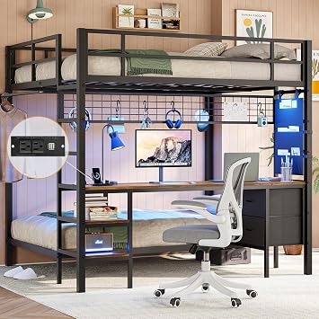 Bunk Bed Full Over Twin with Desk, Led Lights and Charging Station,Black